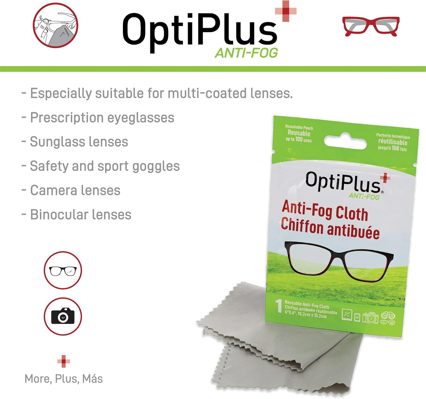 OptiPlus Anti Fog Cloth for Eyeglasses, Goggles, and Shields | Premium Reusable Anti-Fog Treatment | 10 Cloths 1000 uses | Anti-Fog for All Lenses - 10 Pack