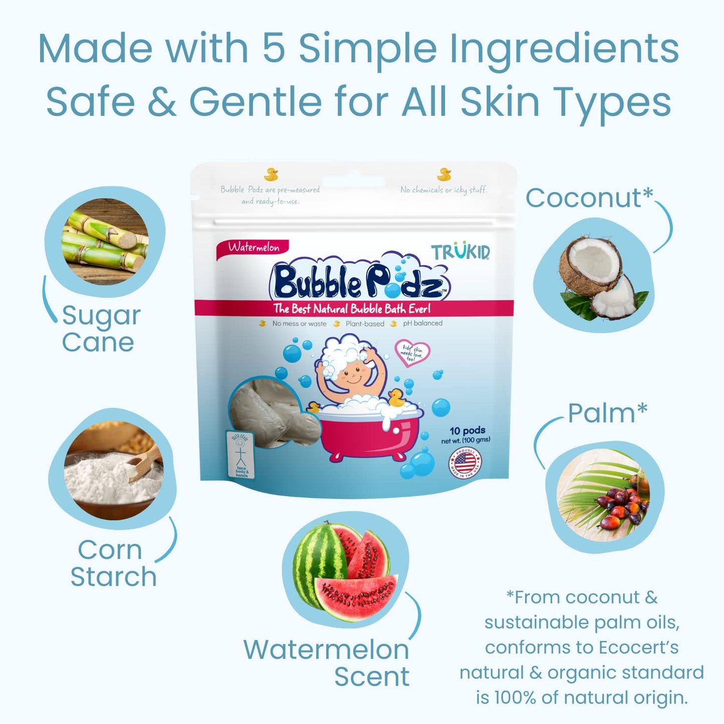 TruKid Bubble Podz Bubble Bath for Kids, Toddlers, & Babies, Tear Free Gentle & Refreshing Bath Bomb for Sensitive Skin with Natural Moisturizers, Non-Toxic, pH Balanced, Watermelon Scent (10 Podz)