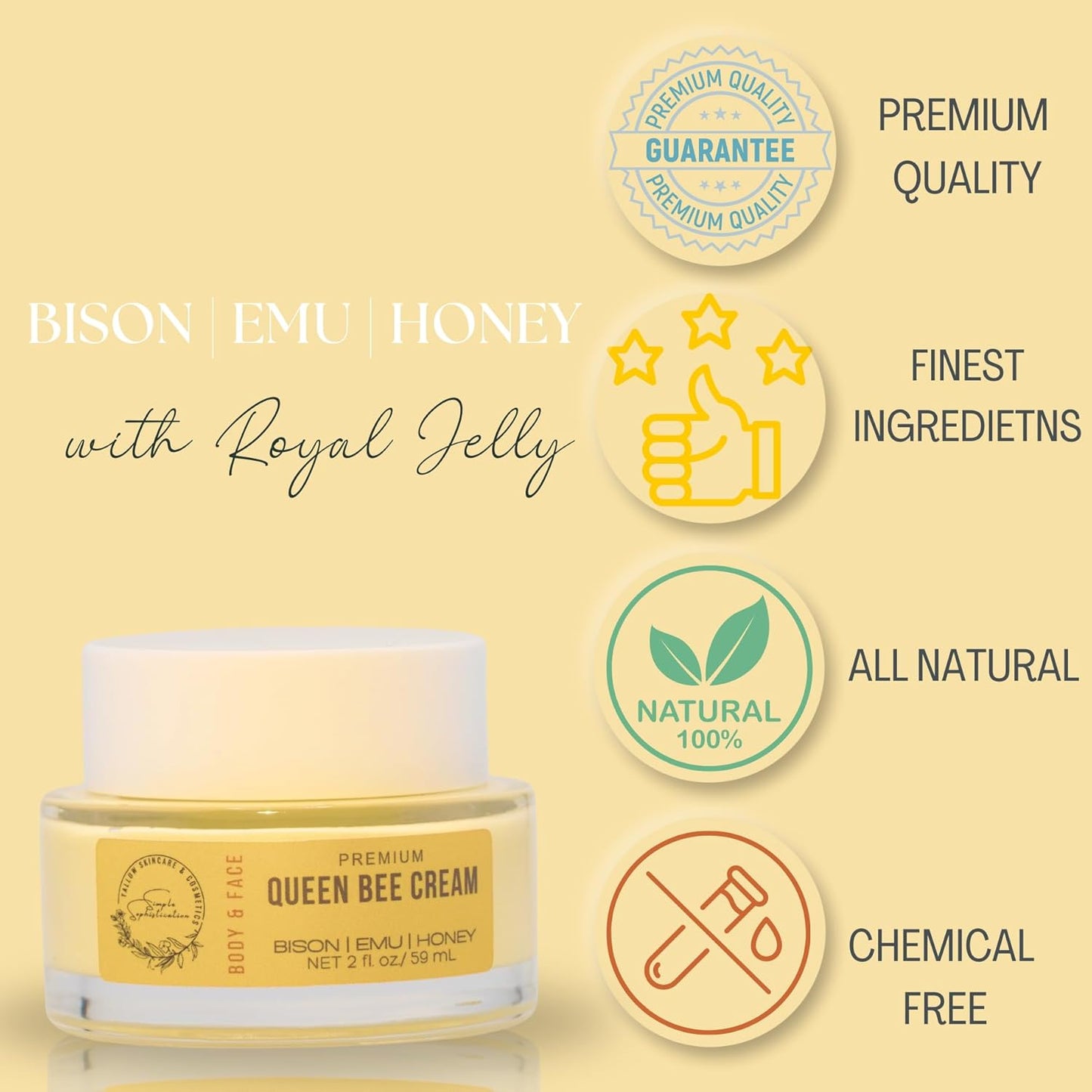 BISON | EMU | HONEY Balm - with pasture raised Bison tallow - Astaxanthin, Bakuchiol, Royal Jelly | Whipped Tallow Balm | with honey and emu oil | All natural - 2 fl oz (2 OZ, Queen Bee)