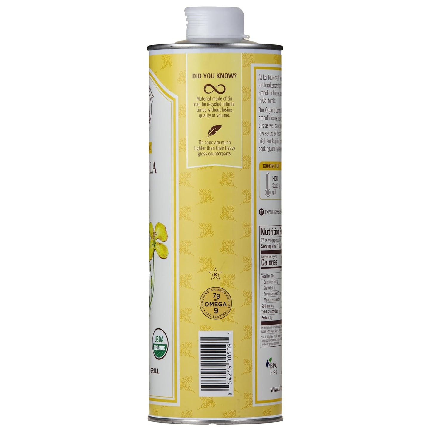 La Tourangelle, Organic Canola Oil, Expeller-Pressed Non-GMO Canola Seeds, Pesticide and Chemical Free, High Heat Neutral Cooking Oil, 33.8 fl oz