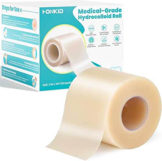 HONKID Hydrocolloid Roll for Wound Care, 2in*16ft Extra Large Cuttable Hydrocolloid Patch Bandages, Self-Adhesive, Super Absorbent, Flexible & Waterproof, Sterile in Aluminum Foil Pouch