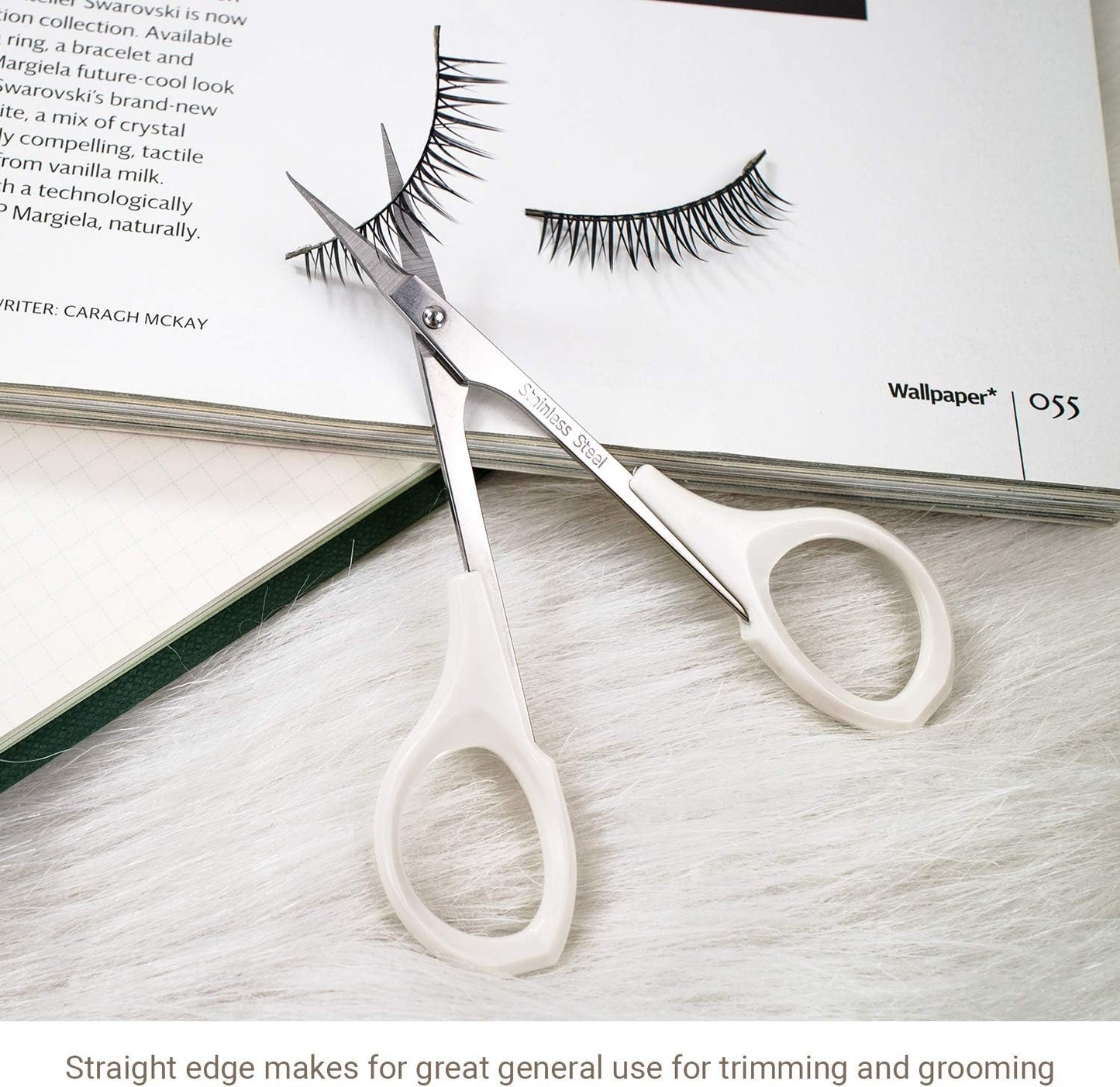Eyebrow Scissors Self Care Tools Small Scissors for Facial, Nose, Eyebrow, Mustache, and Beard Hair Trimming & Grooming, Straight Edge, White Short Cap