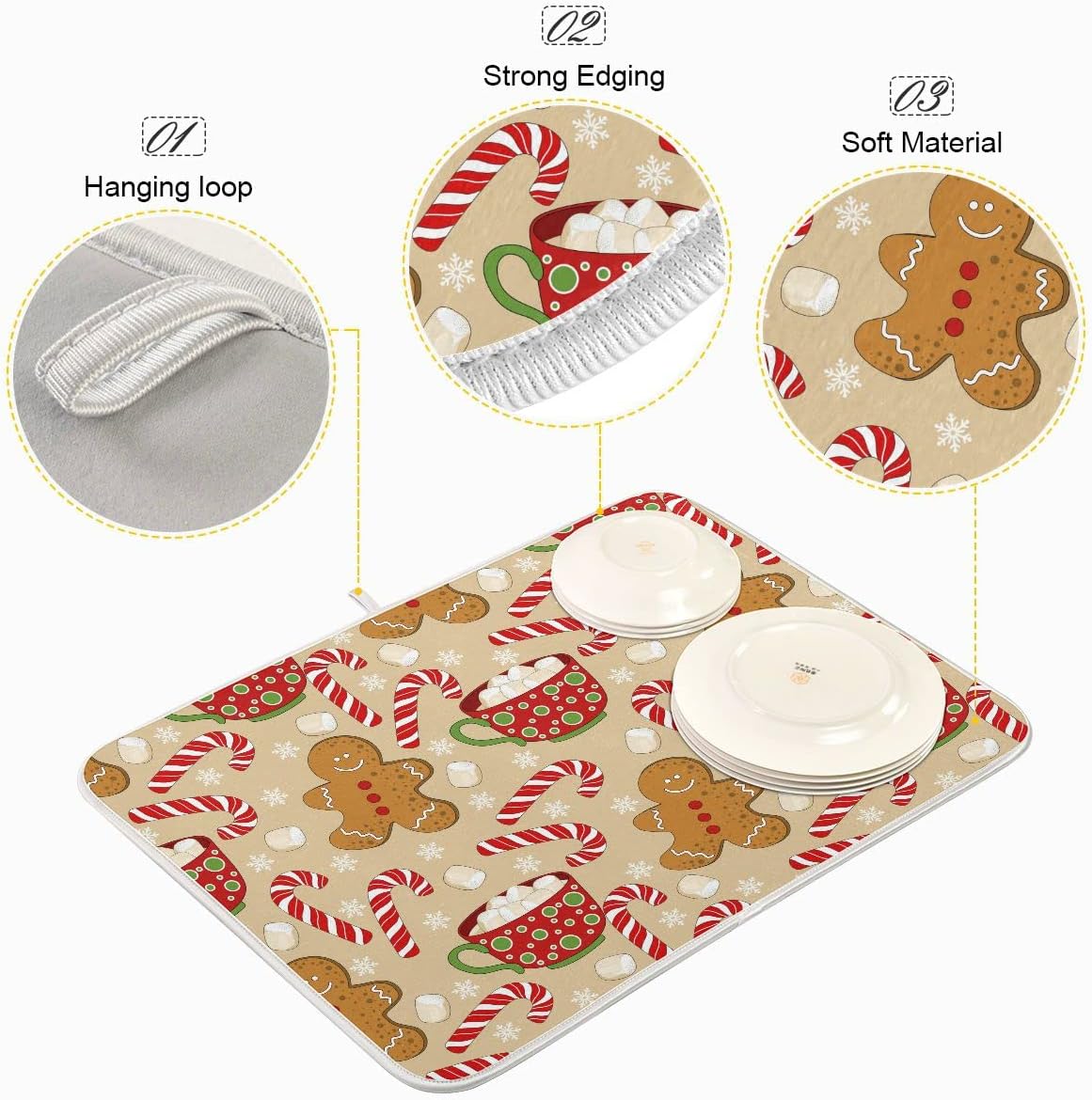 Christmas Gingerbread Man Candy Cane Dish Drying Mat for Kitchen Winter Snow Snowflake Snowman Xmas Microfiber Drying Mats Absorbent Reversible Dish Pad Large Dish Draining Mat 18x24 inch