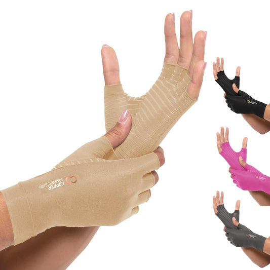Copper Compression Arthritis Gloves | Fingerless Arthritis Carpal Tunnel Pain Relief for Men & Women | Hand Support Wrist Brace for Neuropathy, Rheumatoid, Tendonitis, Swelling, Crocheting Nude (XL)