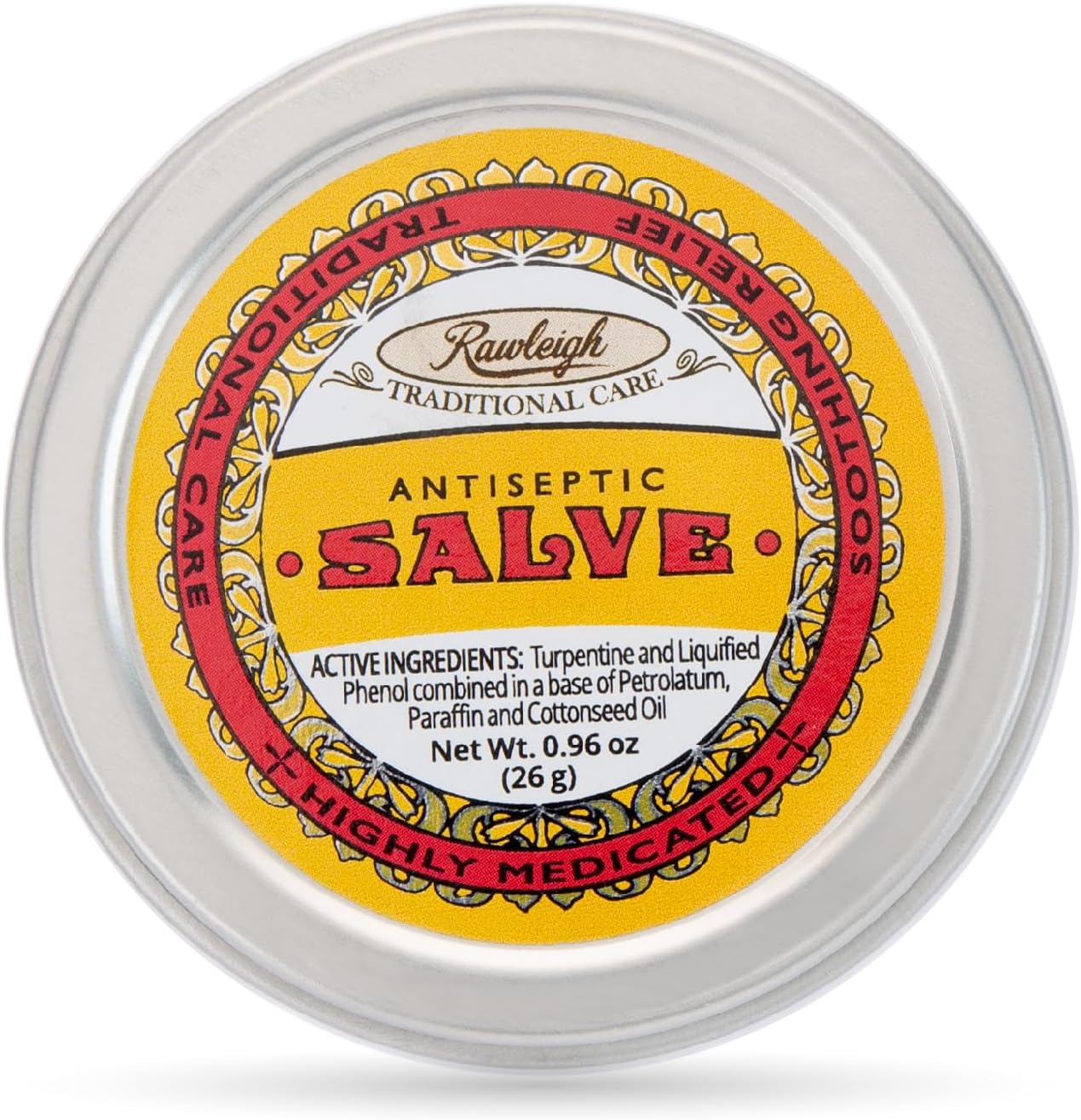 Rawleigh Antiseptic Yellow Salve Small Tin: 0.96 oz, Natural, Multi-Purpose Ointment Soothes Skin Cuts, Bruises, Irritations, with Turpentine, Phenol, Cottonseed Oil, Original Formula - Pack of 1