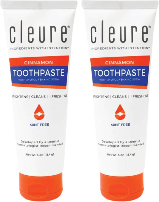 Cleure Cinnamon No Fluoride Toothpaste - SLS Free, Mint Free - with Xylitol for Fresh Breath & Helps Whiten - for Kids & Adults - Cinnamon Flavored (4oz Tube, Pack of 2)