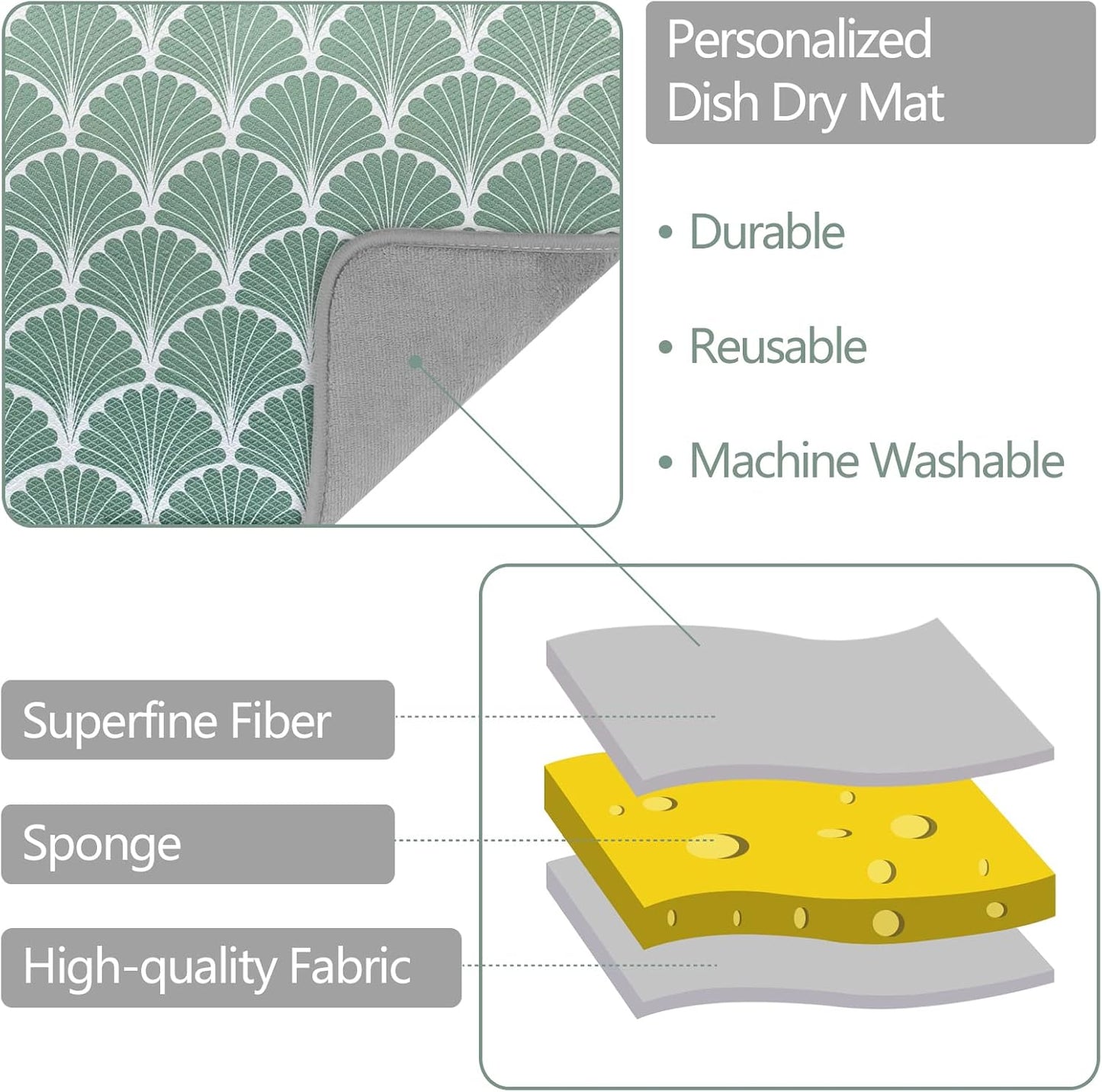 SHIYUE Dish Drying Mat for Kitchen Counter Super Absorbent Spring Kitchen Decor Microfiber Drying Matainers Rack Fast Pad Dish Drainer Mats(Green Shell Geometric,18''x24'')