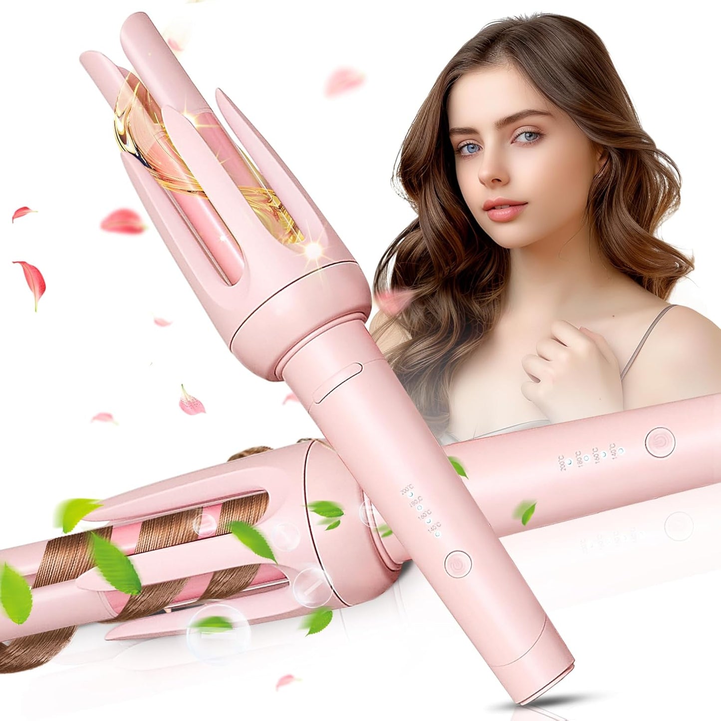 Auto Hair Curler, Automatic Curling Iron with 4 Temperature & 3 Timer, Automatic Shut-Off, Anti-Scald, Anti-Tangle Rotating Curling Wand for Hair Styling, Pink