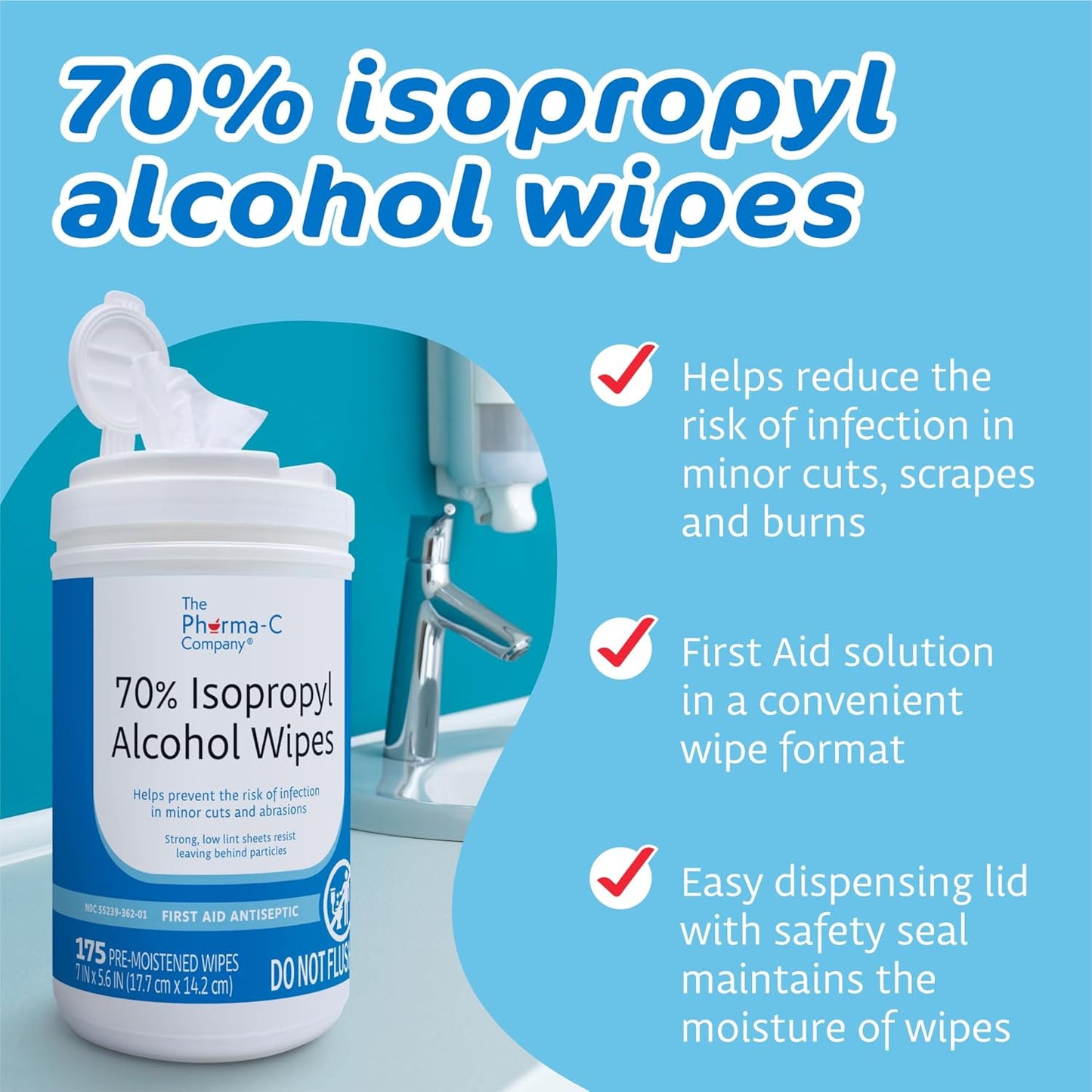 The Pharma-C Company - 70% Isopropyl Alcohol Wipes - Bulk Large Durable IPA Wipes. First-Aid Antiseptic Wound Cleaner with Moisture Lock Lid. (Case of 6 Canisters)