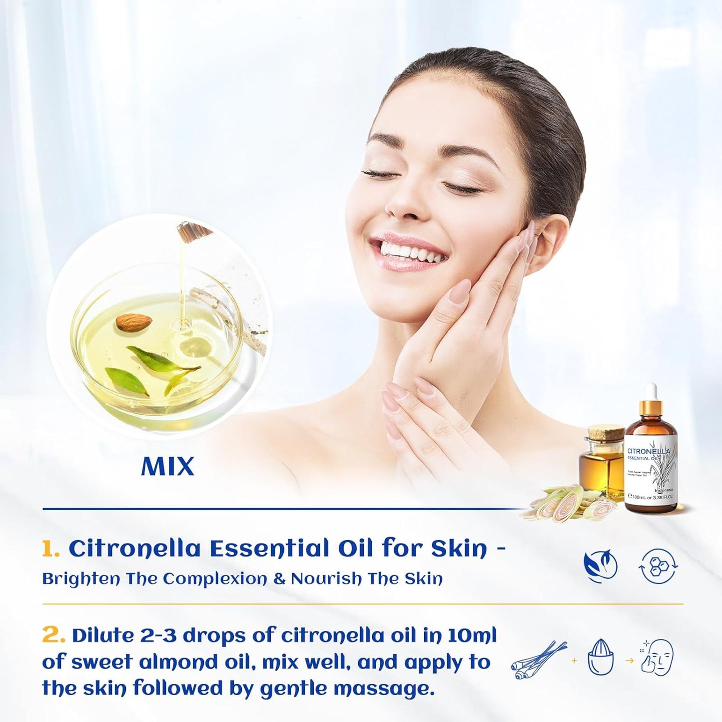 HIQILI 100ML Citronella Oil for Homemade Sprays, Add to Diffuser, 100% Pure and Natural Undiluted 3.38 Fl Oz