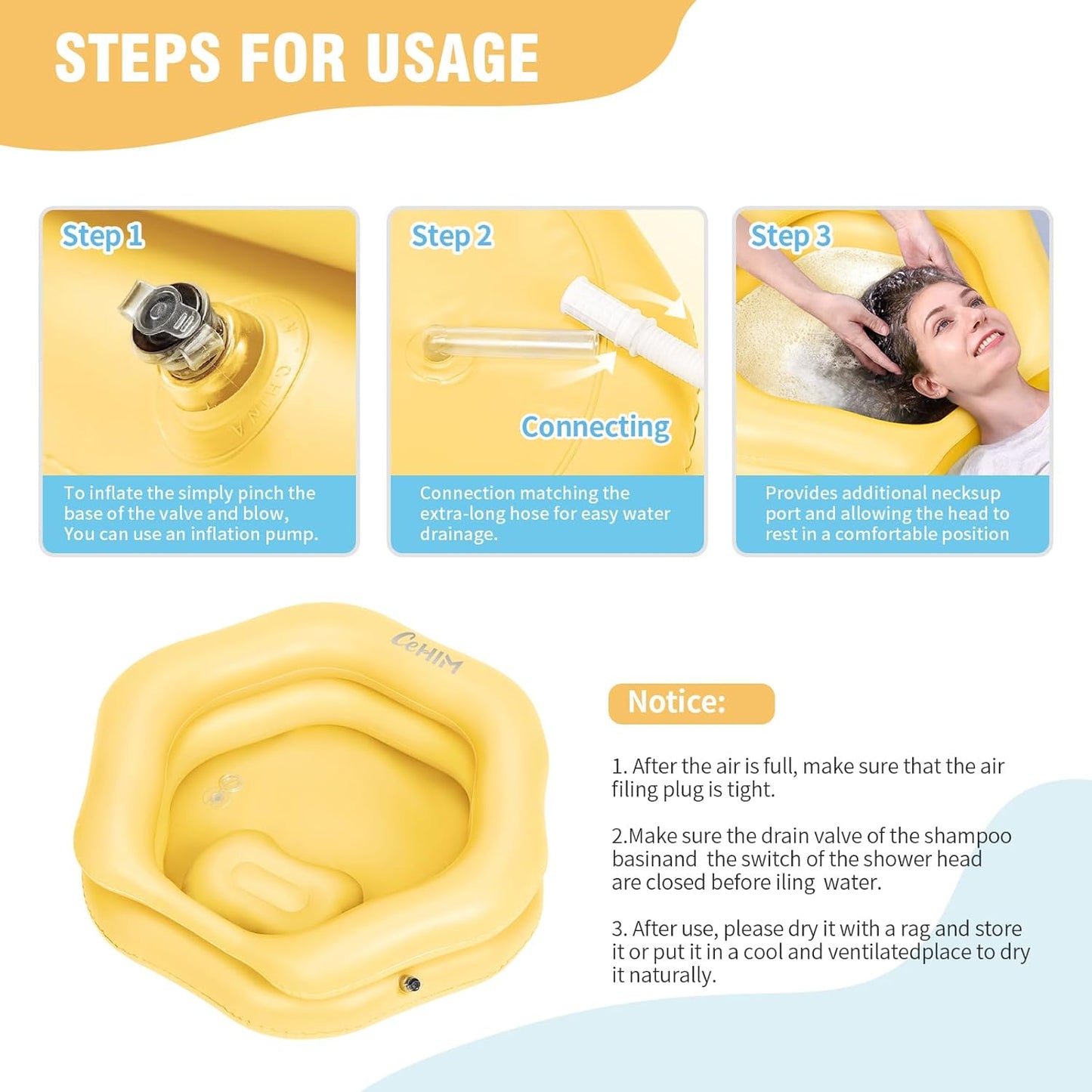 Inflatable Shampoo Basin for Bedridden, Elderly & Disabled - Petal-Shape Large Size, 360° Neck Support, Central Drain Hole with Pull Ring | Leak-Proof PVC Portable Hair Washing Bowl (Yellow)