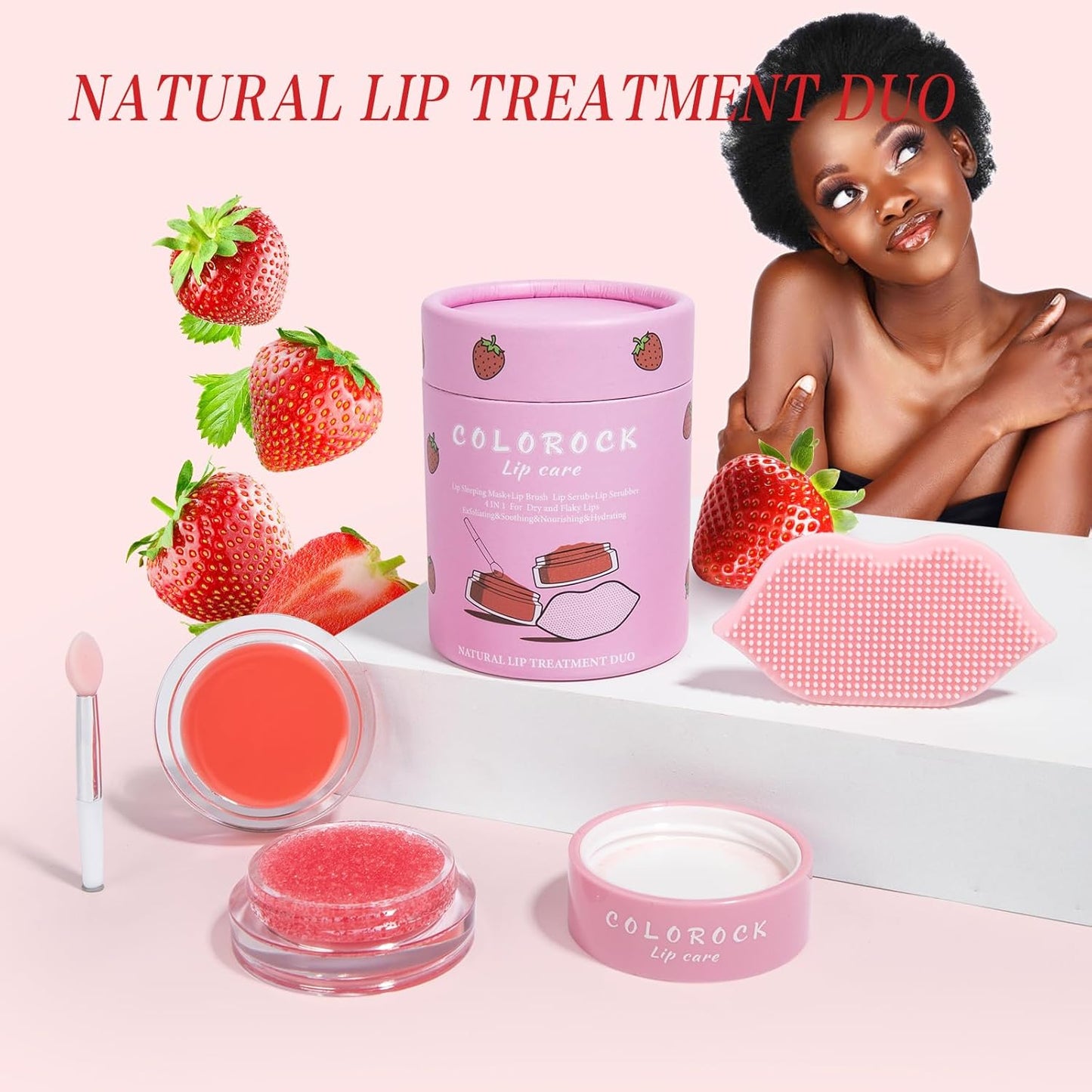 Strawberry Sugar Lip Scrub & Lip Sleeping Mask Set Natural Lip Treatment Duo - 4 IN 1 Gift Set For Exfoliate,Nourish Soothe & Hydrate Dry and Flaky Lips-Natural Overnight Lip Care for Soft,Smooth Lips