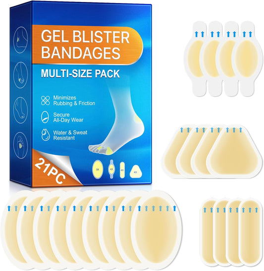 Gel Blister Bandages 21ct, Waterproof Hydrocolloid Blister Bandages for Foot Wound Quick-Healing Blister Cushions for Toe Heel All-Day Prevention, Variety Combo Pack