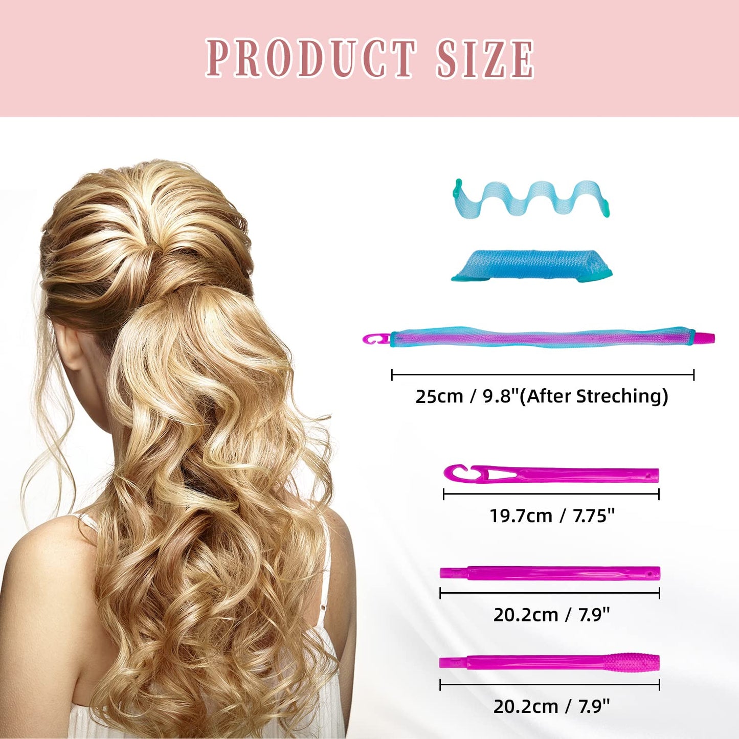 60pcs Heatless Hair Curlers Spiral and Wave Styling Kit 2 Styles No Heat Curlers with 2 Pieces Hooks for Women Girl's Short Medium and Long Hair((9.8 Inch/25 cm)