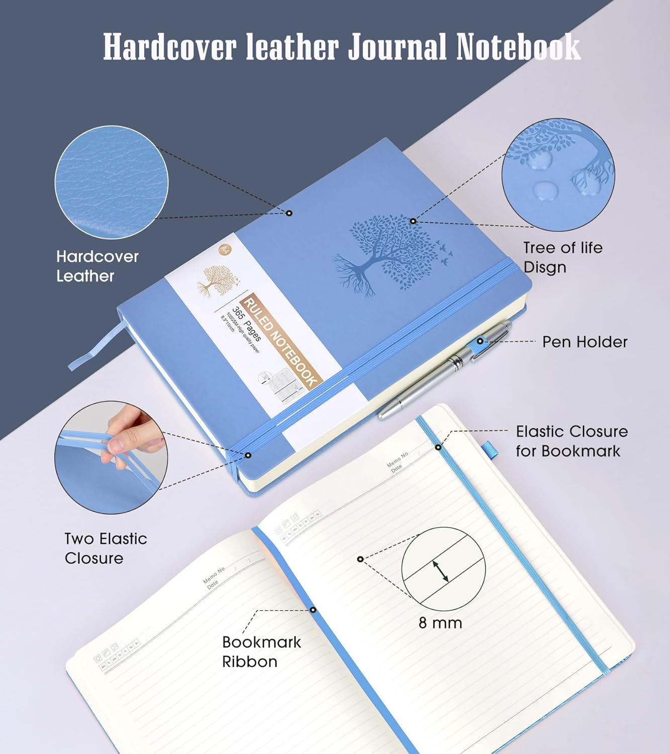 Lined Journal Notebook, 365 Pages A4 Large Journals for Writing College Ruled Notebook, Hardcover Leather Journal for Women Men, Daily Journa Notebook for Work, Note Taking, 100Gsm Thick Paper ( 8.5" x 11" Blue)