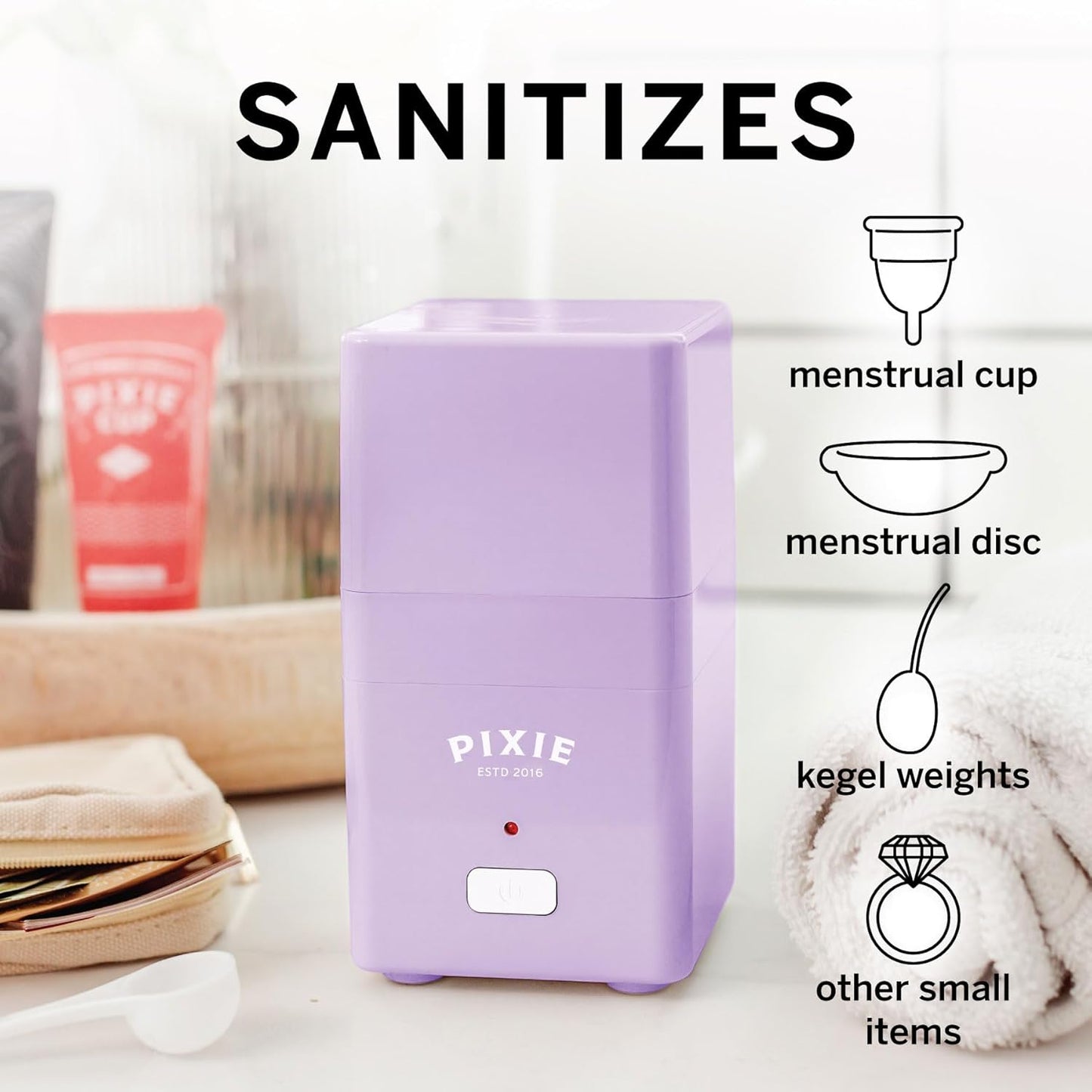 Pixie Menstrual Cup Sterilizer - Ranked 1 for The Best Steamer - Kills 99.9% of Germs with Cleaner Steam - Wash Your Period Disc or Cup in 3 Minutes! - Automatic Timing Shut-Off Switch