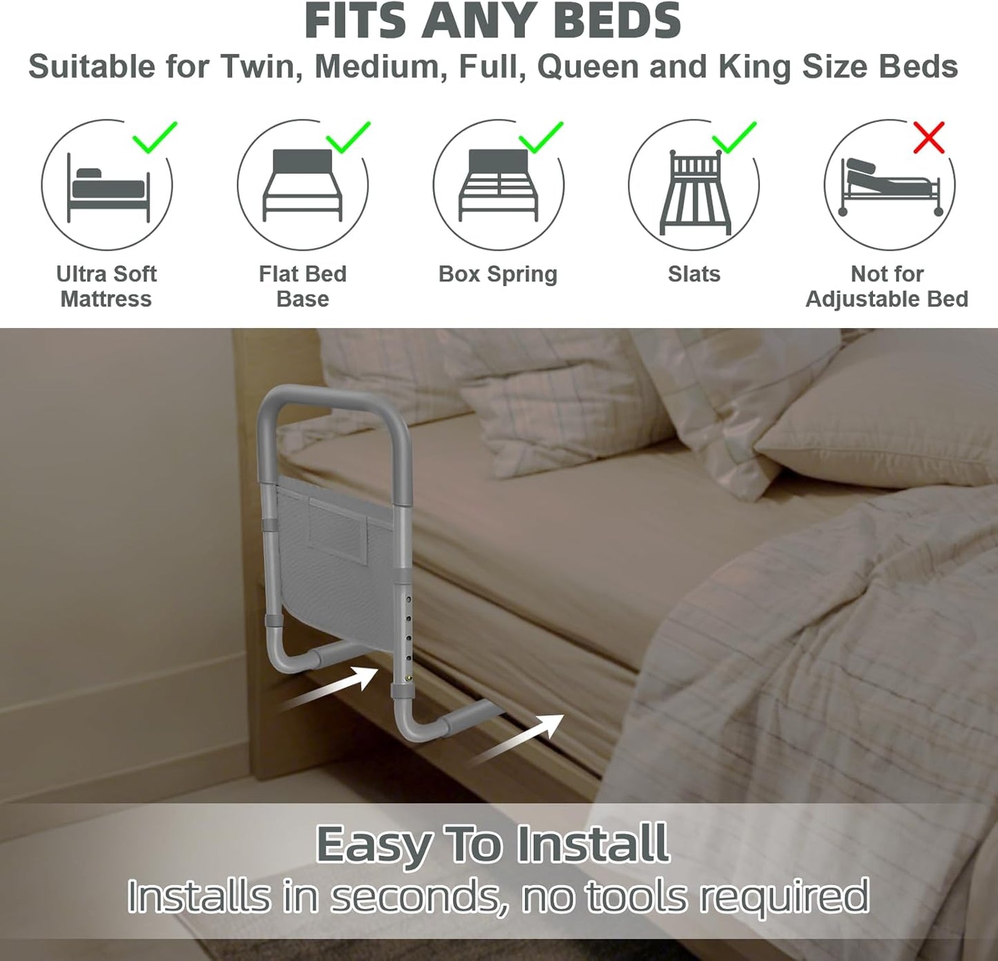 Bed Rails for Elderly Adults Safety: Adjustable Bed Assist Rails for Seniors & Patients with Storage Bag - Bedside Rail Handle Support Bar Bed Guard Rails - Fits King Queen Full Twin Medium