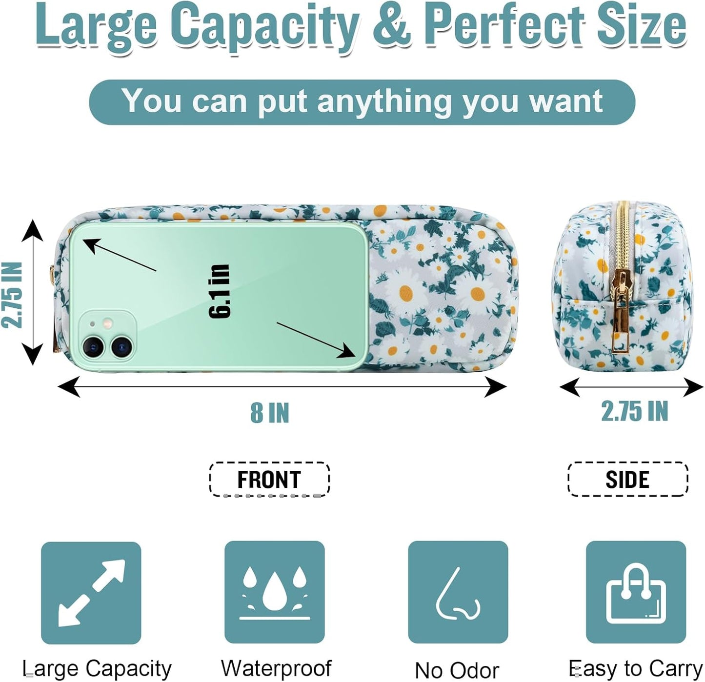 izuzta Nylon Small Floral Makeup Bag Slim Pouch, Preppy Cute Makeup Brush Case Bag Flower Cosmetic Zipper Pouch Purse, Waterproof Travel Toiletry Bag Coin Pouch Make Up Organizer Women(Green-Daisy)