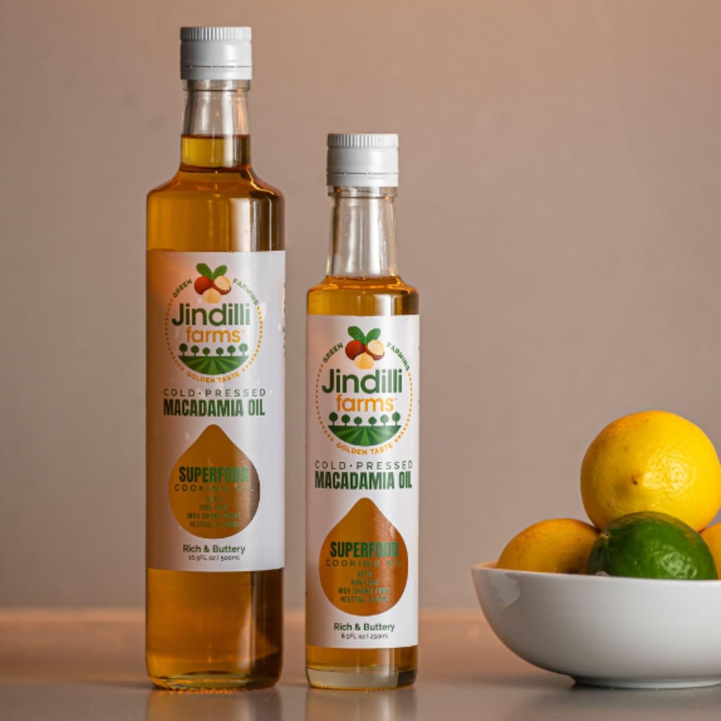 Jindilli Farms Macadamia Nut Cooking Oil- Australian Pure Cold Pressed Oil, Unrefined, Natural, High Smoke Point for Frying, Non GMO, Vegan, Keto Friendly and Gluten Free (16.9 fl oz)