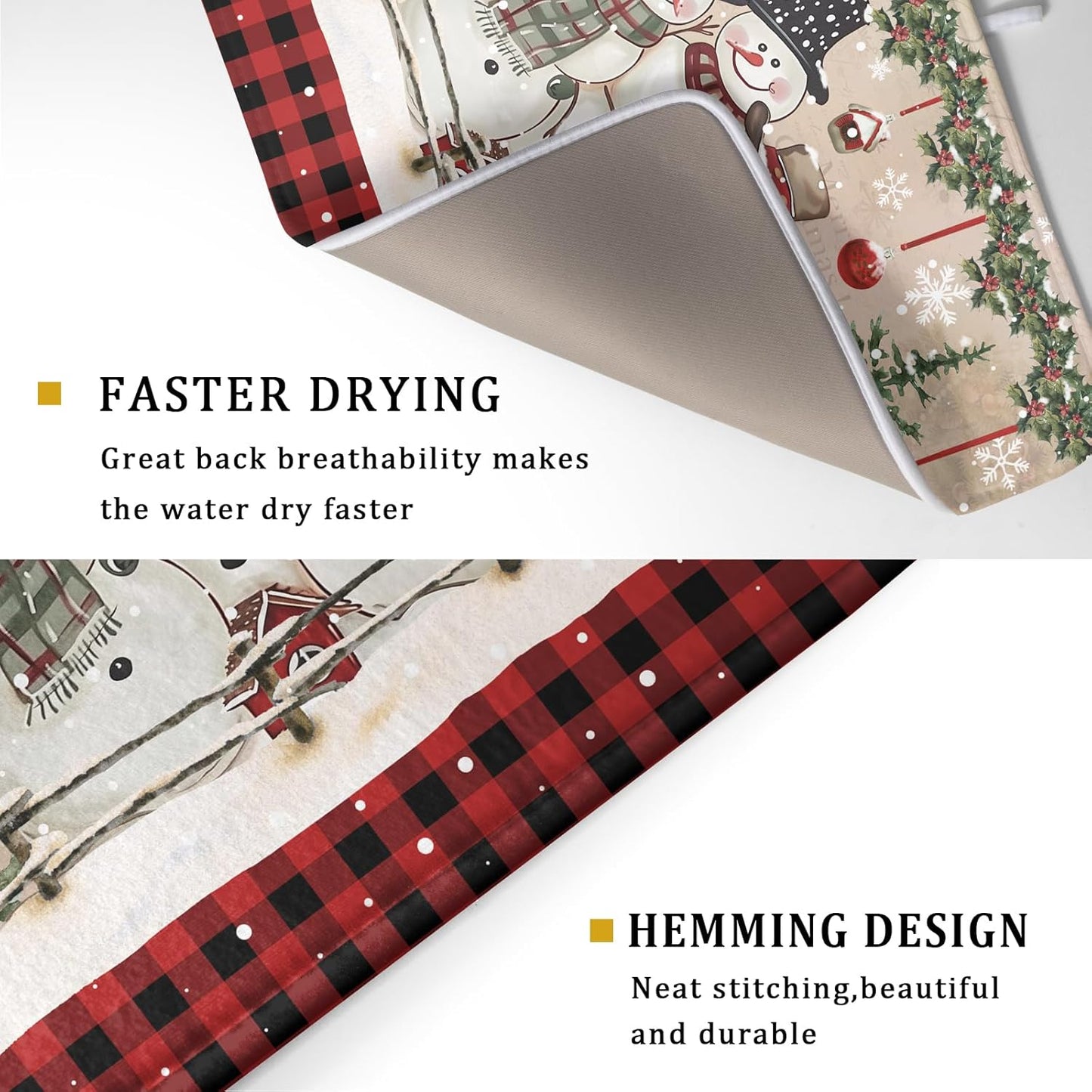 Winter Snowman Dish Drying Mat 18x24 Inch Red Buffalo Plaid Holiday Dish Drainer Mat Absorbent Dish Rack Pad for Kitchen Counter Sink Decor