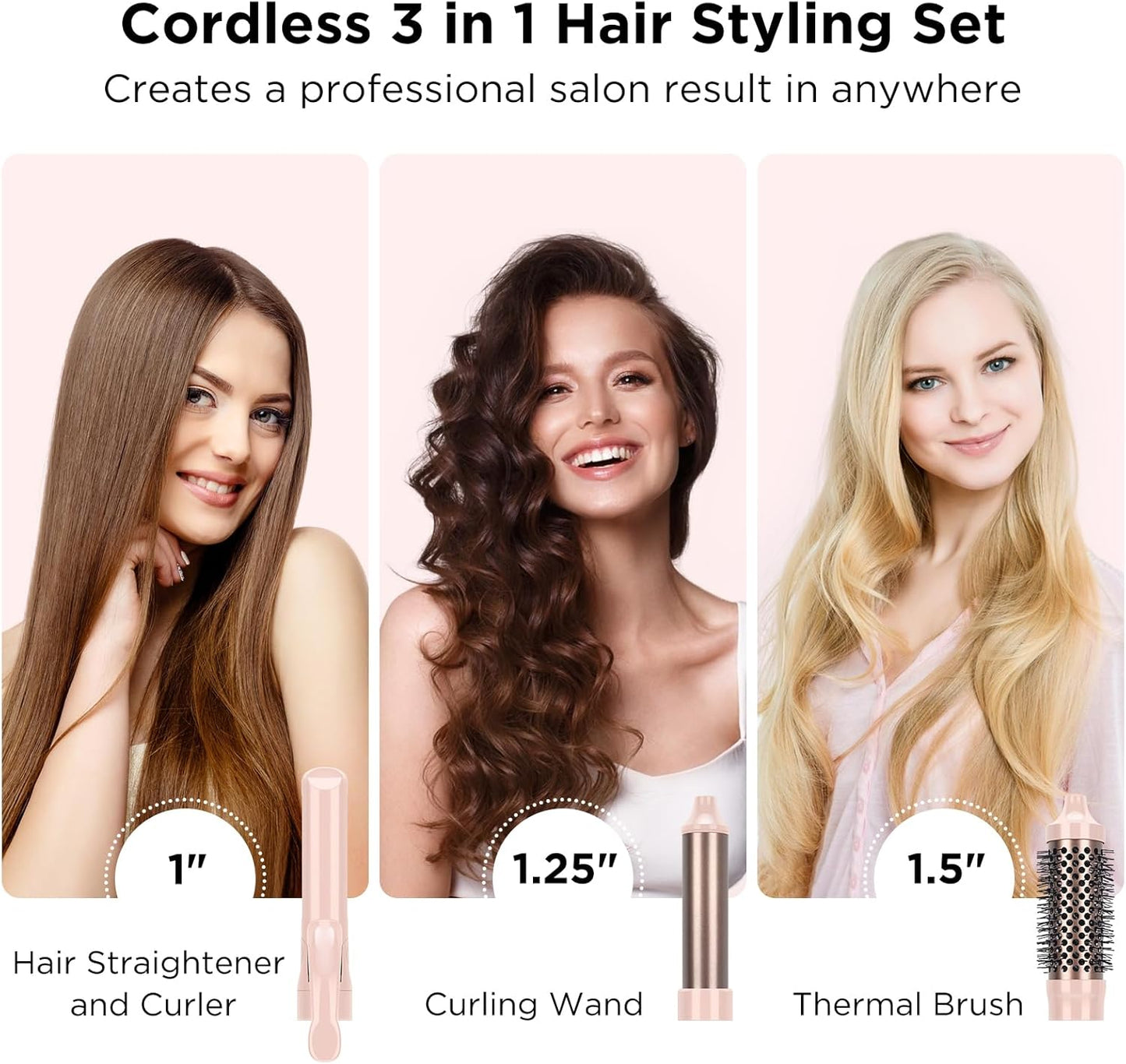 IG INGLAM 3 in 1 Cordless Detachable Hair Styling Set with 1'' Flat Iron, 1.25" Curling Wand, 1.5" Thermal Brush, Rechargeable Portable for Travel, Gift for Women