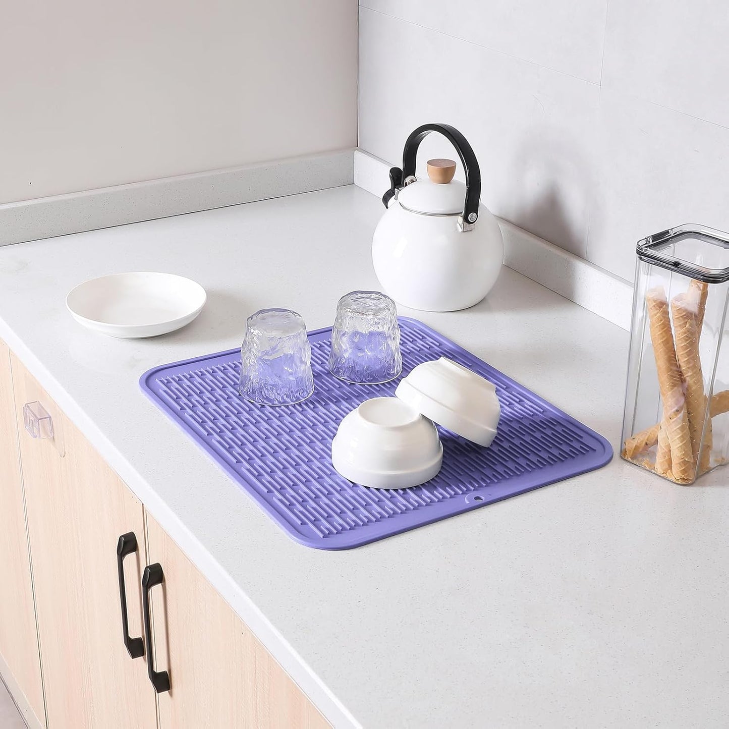 Silicone Dish Drying Mat for Multiple Usage,Easy clean,Eco-friendly,Heat-resistant Silicone Mat for Kitchen Counter or Sink,Refrigerator or Drawer Liner Light Purple 2XL 24 inches x 18 inches