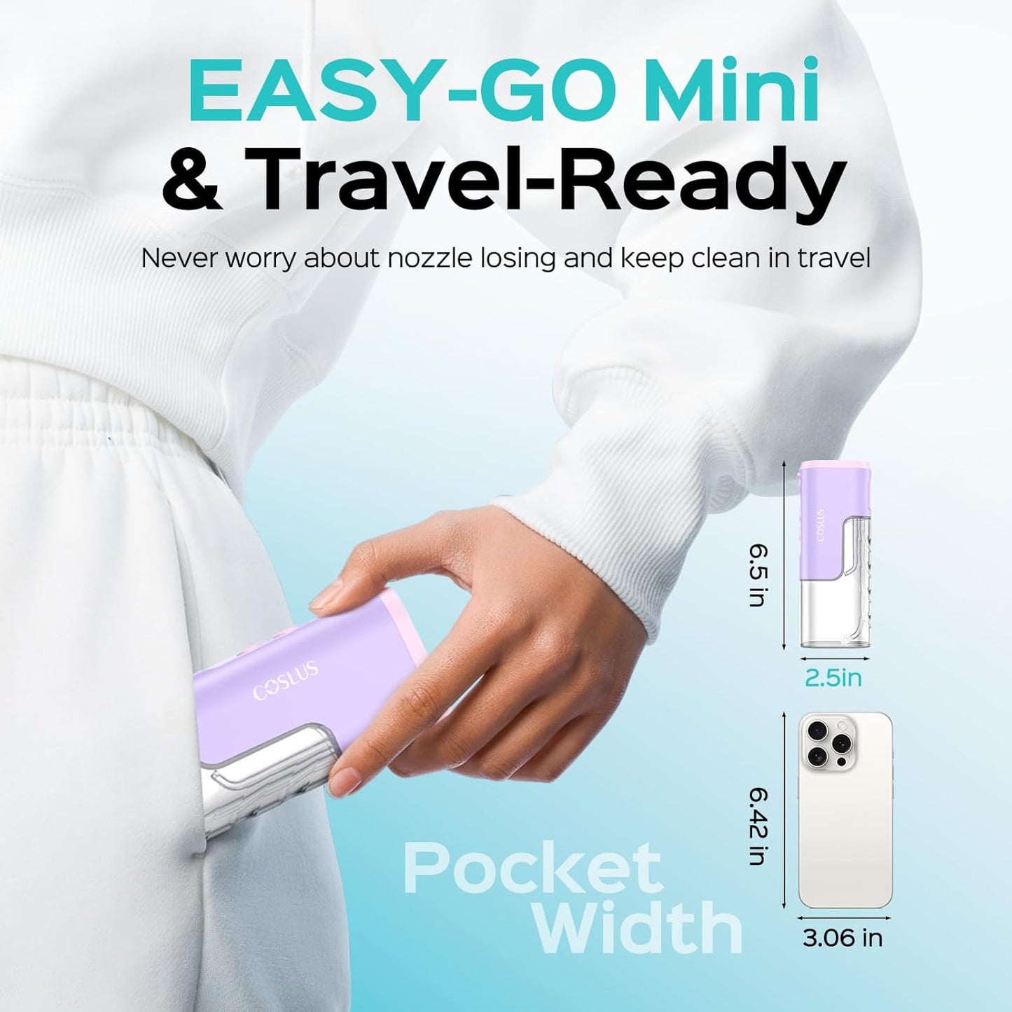 COSLUS Mini Water Flosser for Travel: Portable Compact Design, Cordless Oral Irrigator with 4 Jet Tips, Removable Tank & IPX7 Waterproof for Braces, Sensitive Teeth & On-The-Go Use, Pink Purple, T40