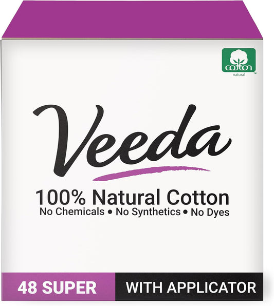 Veeda 100% Natural Cotton Non Toxic Tampons Super Absorbency, Leak Proof Protection - Compact BPA-Free Applicator - Unscented Organic Super Tampons For Women - No Chlorine & Toxins - 48 Count
