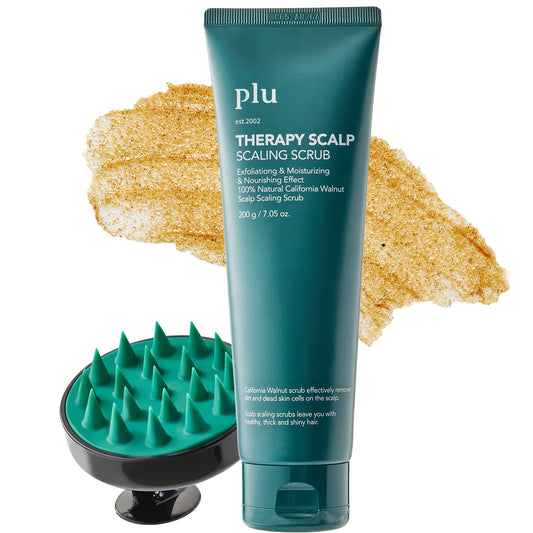 PLU Korean Therapy Scalp Scaling Scrub with Silicone Scalp Massager Brush - Walnut Scalp Scrubber Gel for Oily Scalp and Dandruff - Scalp Exfoliating & Deep Cleansing Combo Set