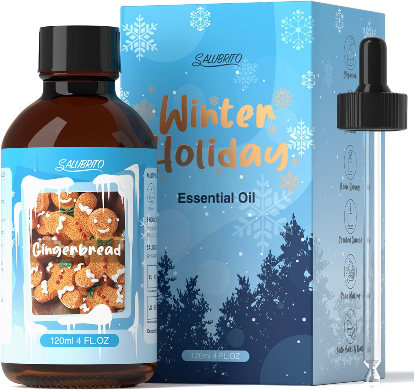 SALUBRITO Gingerbread Essential Oil 4 Fl.Oz (120ml), Pure & Natural Fragrance Oils, Winter Essential Oil for Diffuser, Candle & Soap Making, Strong Scented Oil & Diffuser Oil