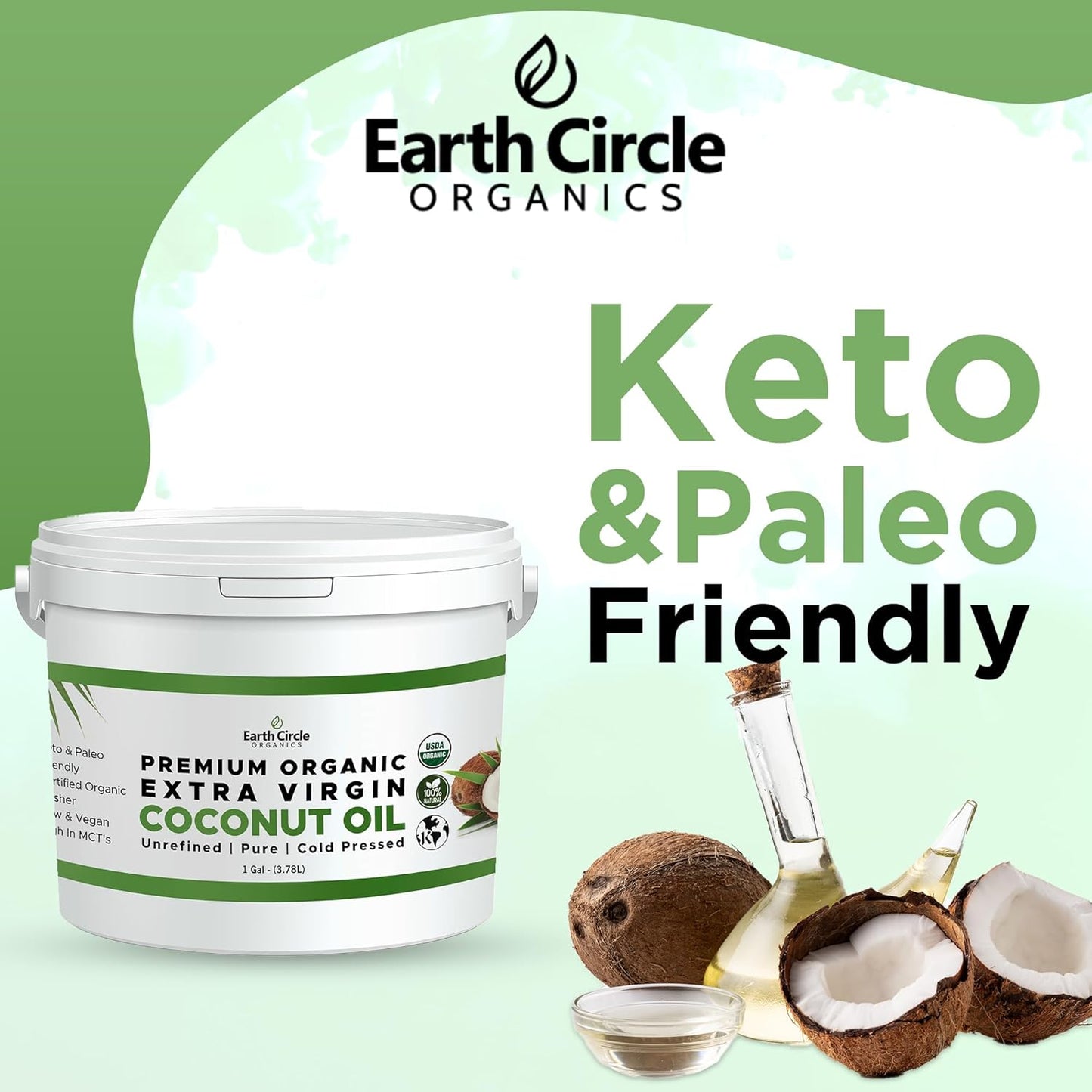 Earth Circle Organics Premium Ultra-Pure UNREFINED Cold Pressed Organic Extra Virgin Coconut Oil - Gluten-Free, Keto & Paleo Friendly - Pure Oil for Skin & Hair Care, Cooking, Baking & More - 5 Gallon