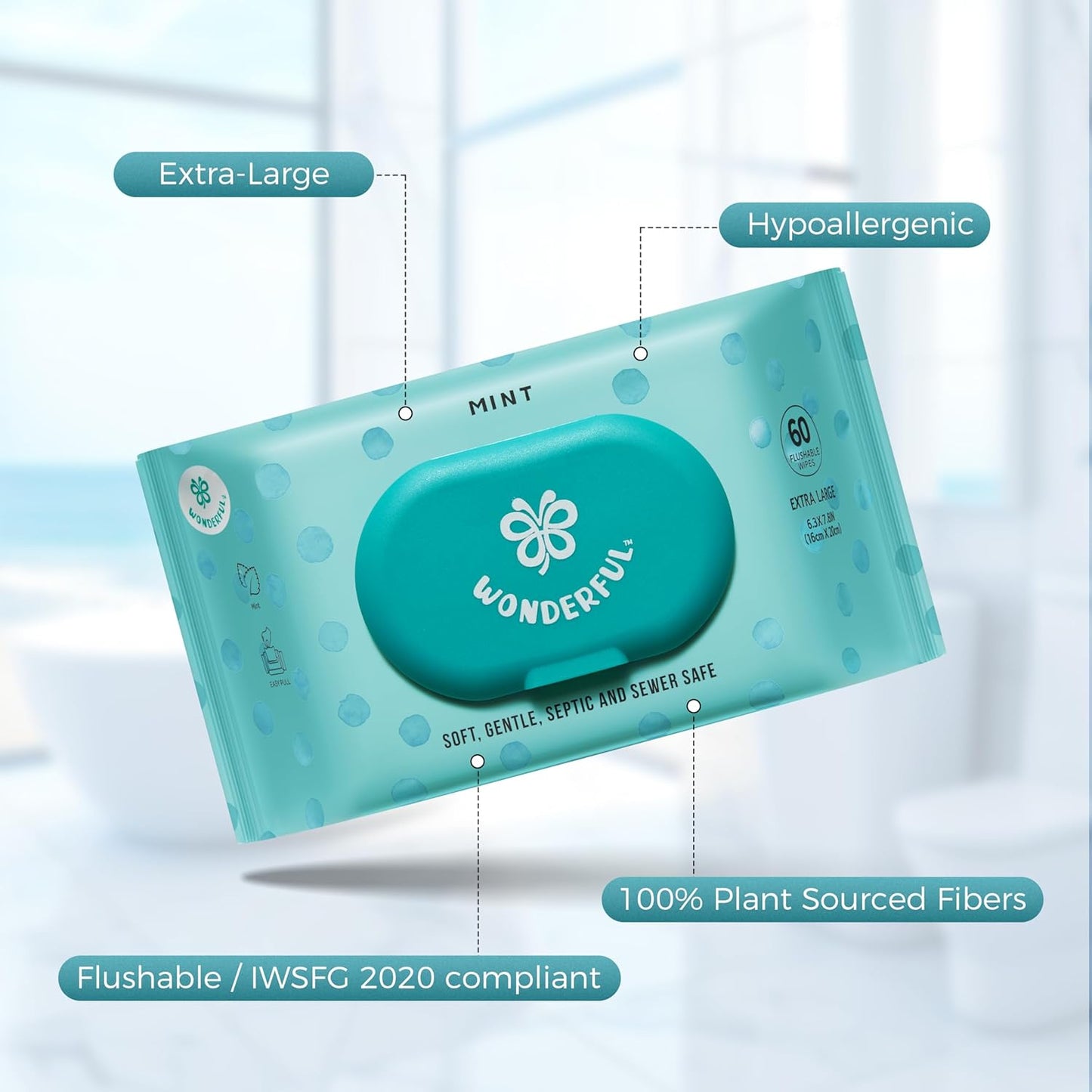 WONDERFUL Flushable Wipes, Mint 100% Plant-Based Wet Wipes for Adults & Kids, Sewer & Septic Safe, Gentle for Sensitive Skin, Wipes Flushable Pack for Bathroom & Travel, 3-Pack (180 Counts)