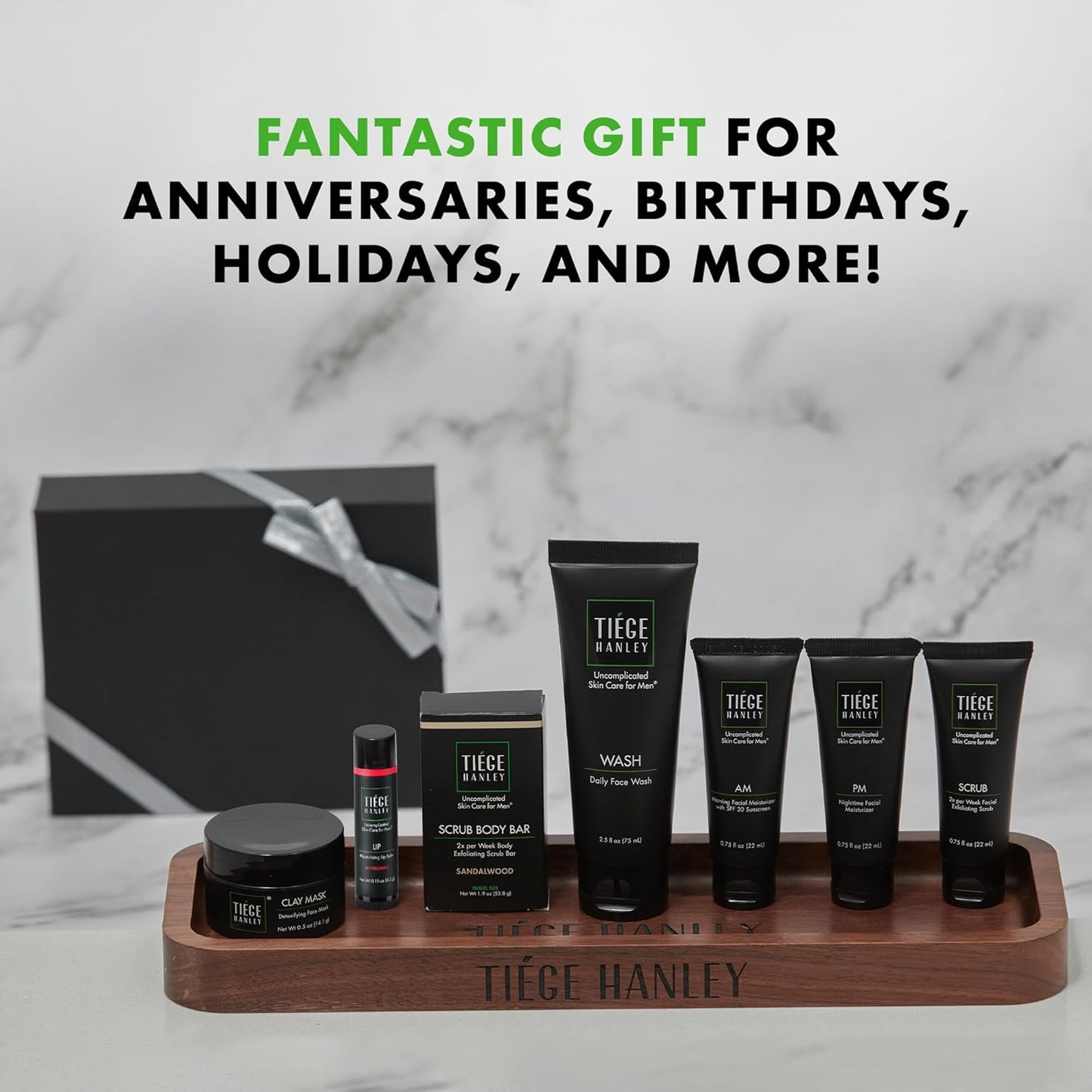 Tiege Hanley Mens Skin Care Gift Box Set, Silver - Men's Skincare Set Includes Face Wash, AM & PM Facial Moisturizer, Face Clay Mask & Scrub, Body Scrub Bar, & Moisturizing Lip Balm