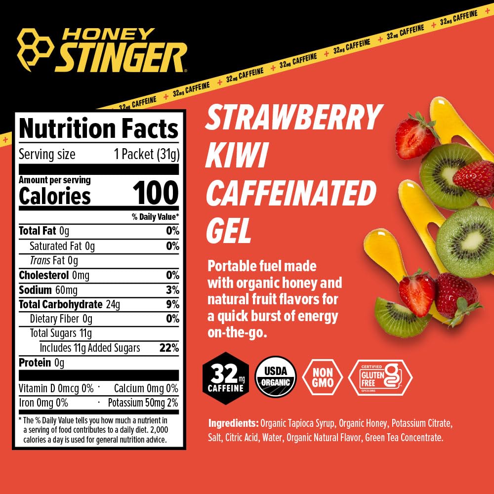 Honey Stinger Organic Strawberry Kiwi Energy Gel, Caffeinated & Gluten Free, for Exercise, Running and Performance, Sports Nutrition for Home & Gym, Pre and Mid Workout, 12 Pack, 13.2 Ounce