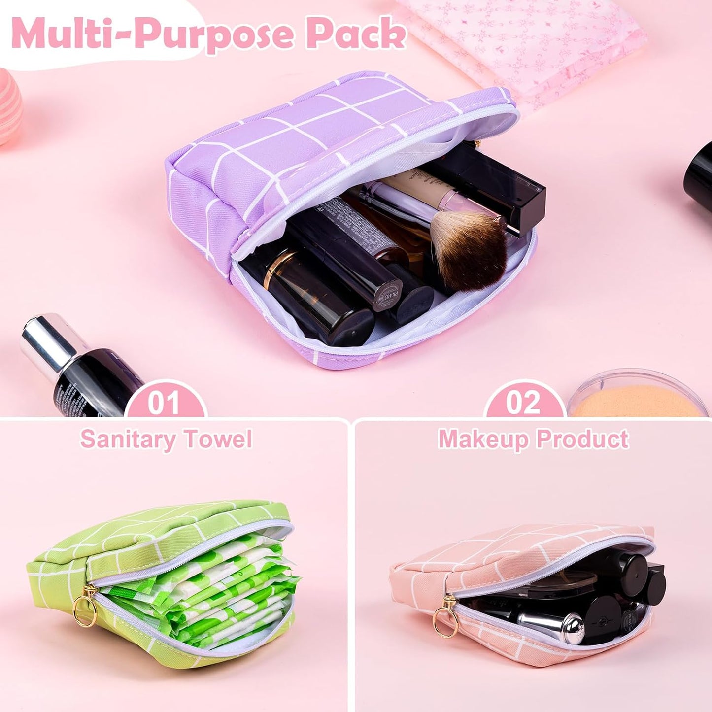 Desing Wish Period Bag Pouch Soft Cloth Sanitary Napkin Storage Bag Portable Menstrual Pad Pouches Tampon Holder for Purse First Period Kit for Girls 9-12 (Purple-White Check)