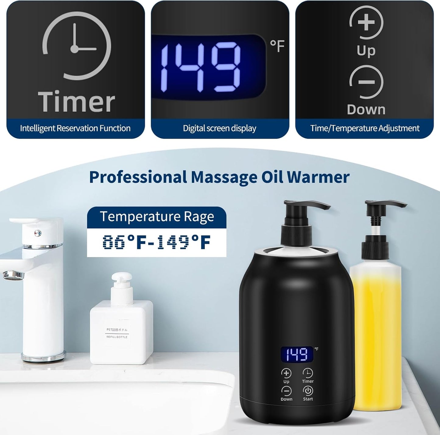 Massage Oil Warmer with Gua Sha Roller Set, Yofuly Professional Oil Warmer for Massage with Two Dispenser Bottles, Portable Electric Temperature Control Lotion Digital Heater for Spa, Black