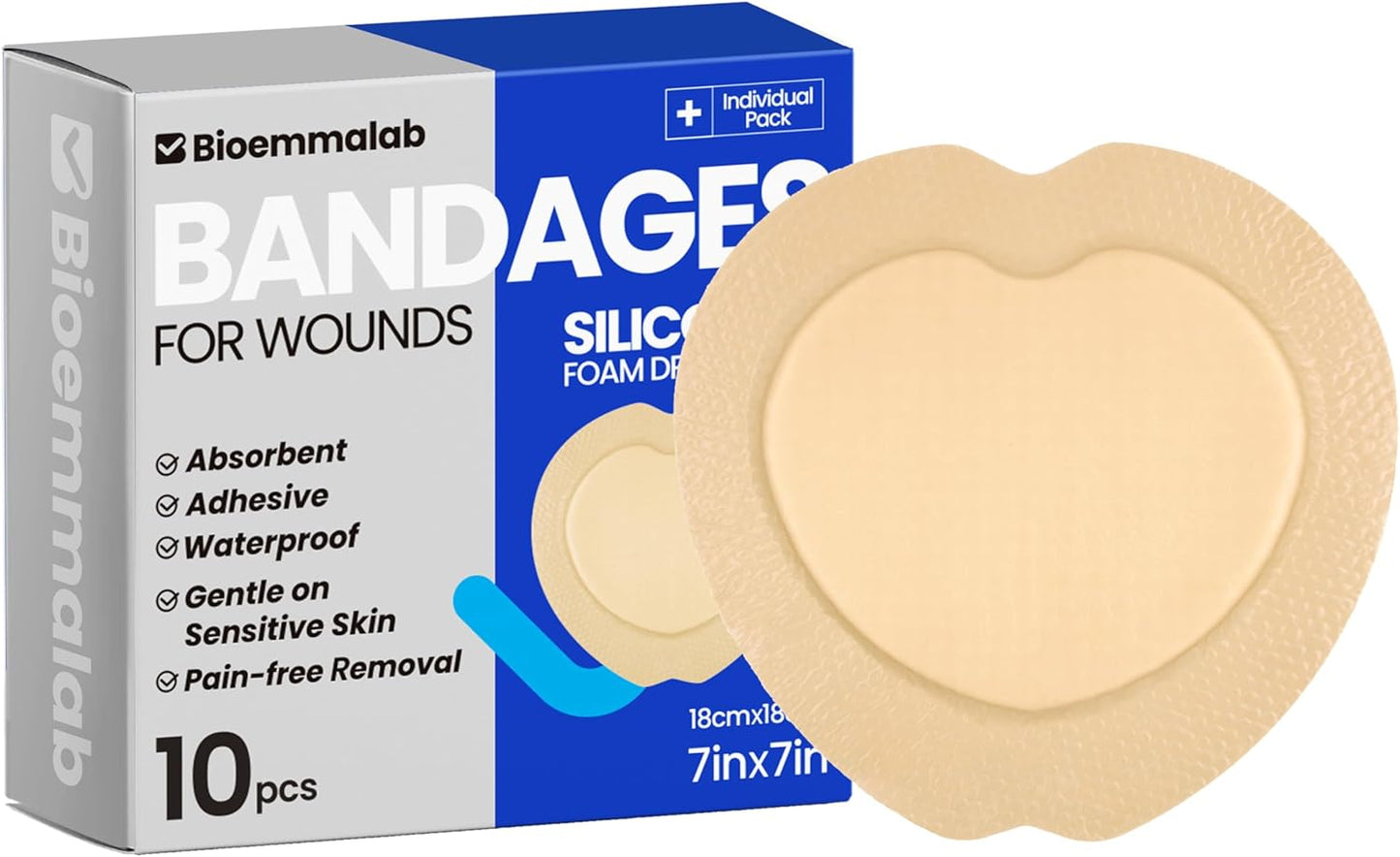 Large Waterproof Bandages Wound Care 7"x 7" Silicone Foam Dressings Sensitive Skin,10 PCS, Adhesive Bordered Pads for Bed Sore Pressure Relief Sacral Buttocks, Showering, Sterile Sacrum Care