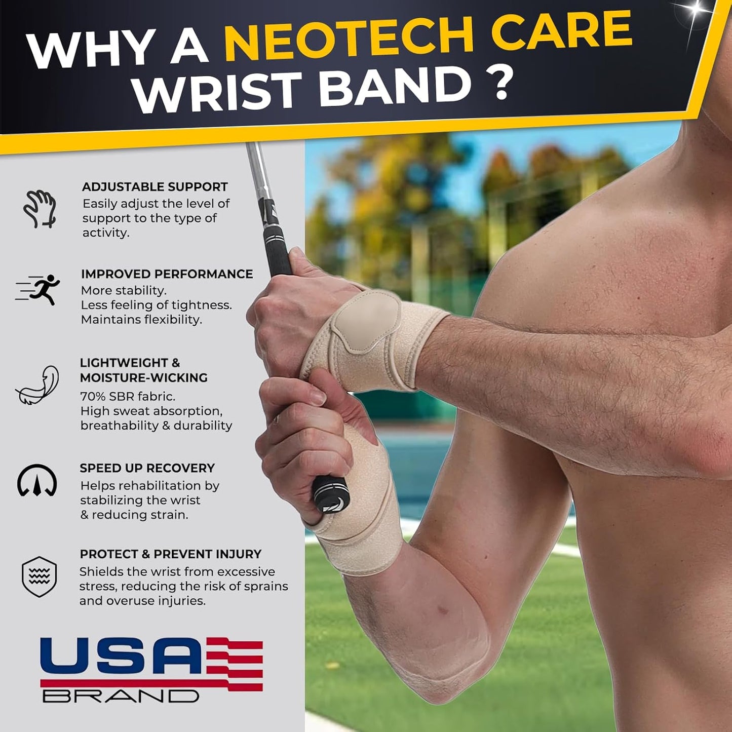 NeoTech Care Wrist Band - Elastic & Breathable Fabric - Adjustable Compression Strap - Men, Women, Right or Left - Support Wrap for Protection or Sports (Beige Color, Size L, 1 Unit)