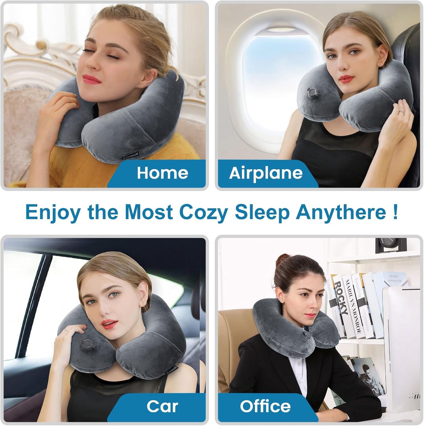 Inflatable Travel Neck Pillow, Super Soft Plane Neck Support Pillow for Travel Ariplane Sleep Support, Adjustable Neck Cushion Headrest Pillow, Folds Up Nicely, Black Grey