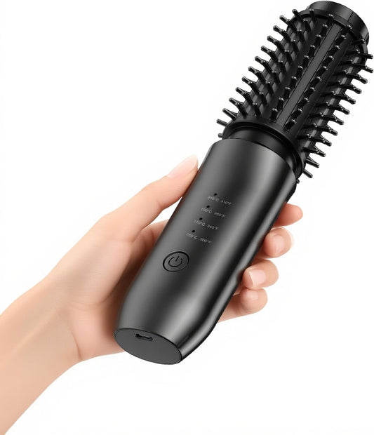 CARESKY® Cordless Curling Iron Brush, 1.5 Inch Mini Travel Hair Curler with 200 Million Negative Ions, Portable Heated Round Straightener Brush Rechargeable for Curl, Touch-Up, De-Frizz, Styling