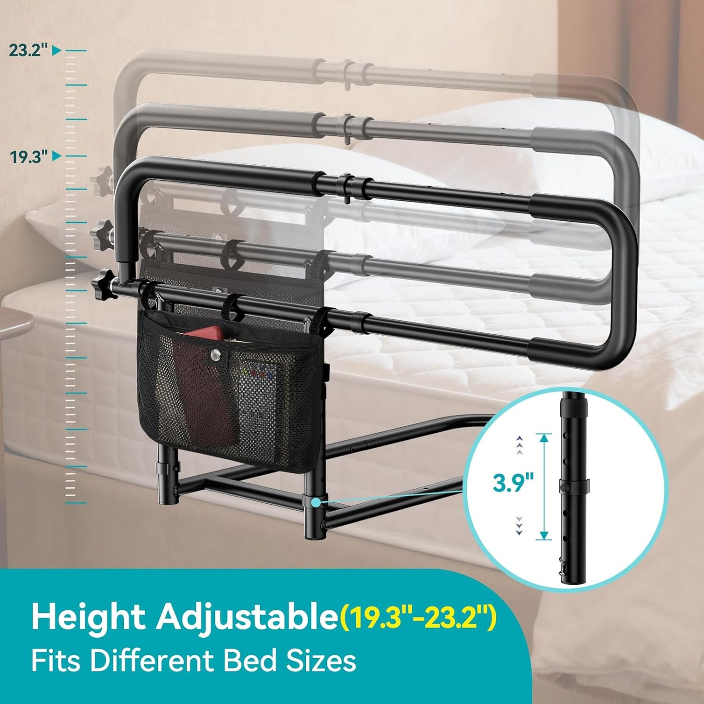 FORTEMOTUS Bed Rails for Elderly Adults Safety with Foldable & Retractable Grab Bar Handrails, ASTM Bedside Rail with Adjustable Height, Storage Pocket & Safety Strap