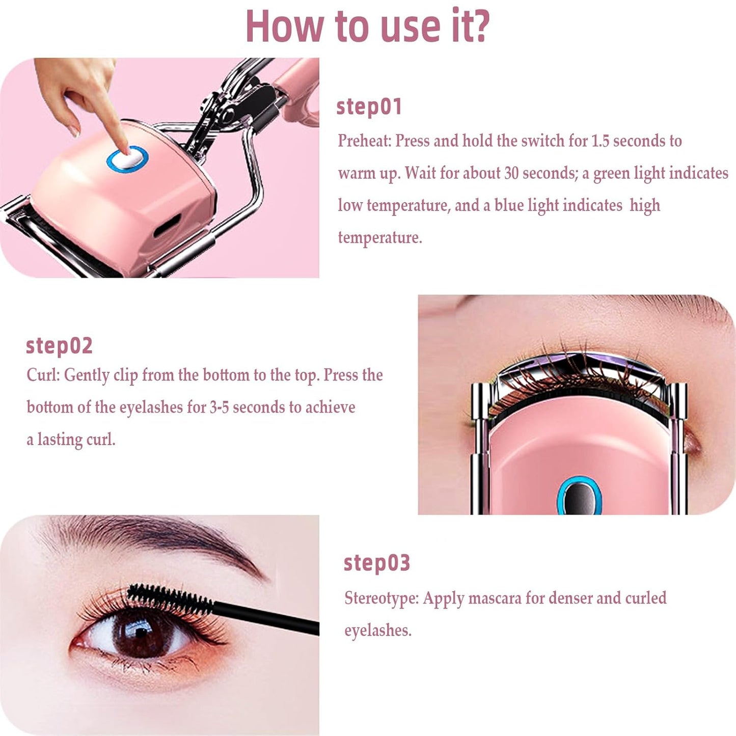 Pinkiou Heated Eyelash Curler for Women USB Rechargeable Lash Curler Long Lasting Ironing Electric Eyelash Curler with Silcone Pad Replacable Great Makeup Tools for Her