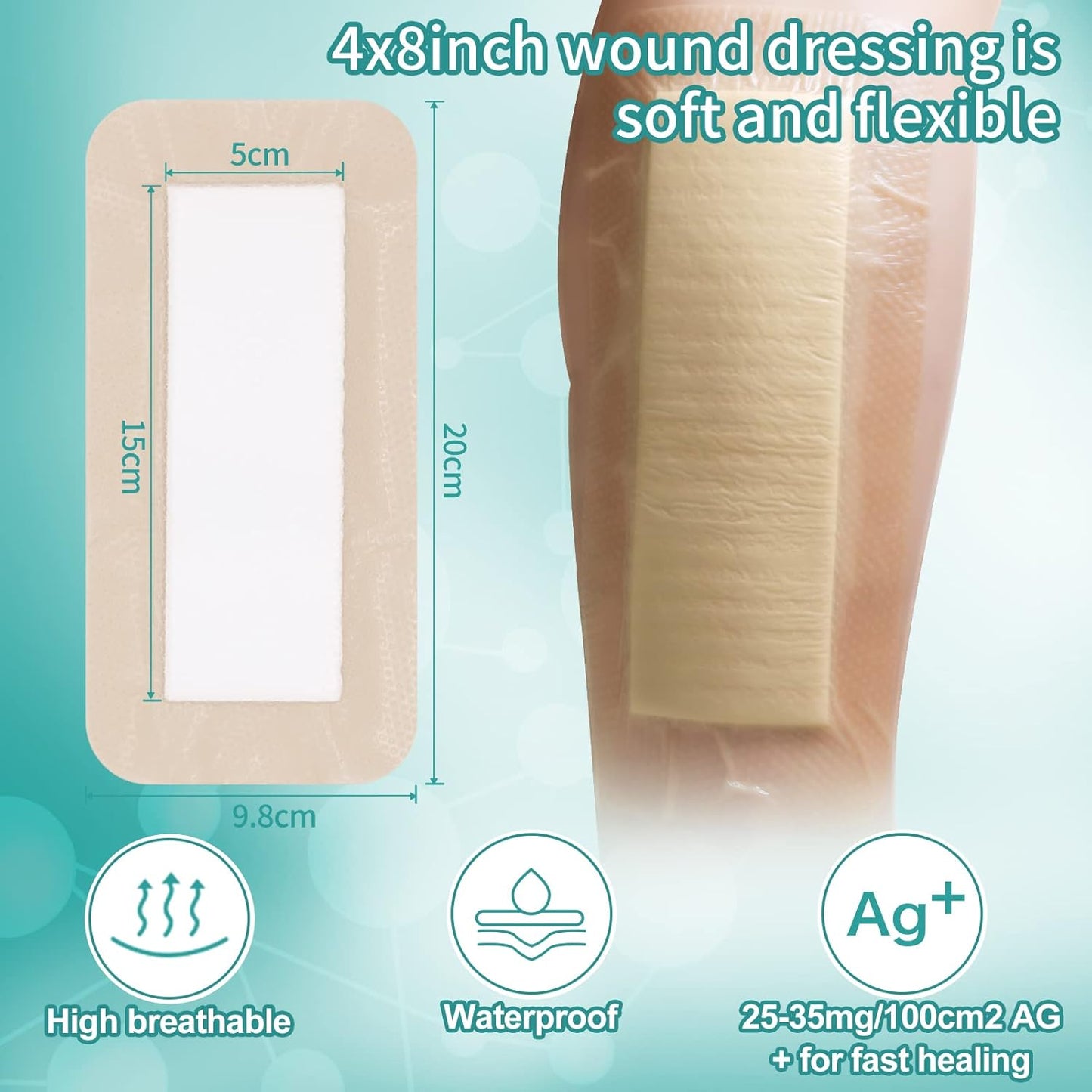 Dimora Silicone Foam Dressing Silver Ag 4"x 8" Adhesive Absorbent First Aid Bandage for Wound Care Pads 5 Packs