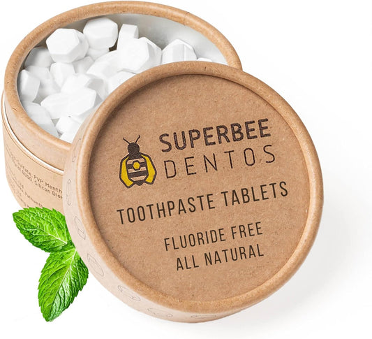 SuperBee Dentos Toothpaste Tablets, 100 Tabs, Fluoride Free & Eco Friendly, Travel Mouthwash Tablets, Sensitive Bites Kids Adults, Chewable Tablet, Spearmint