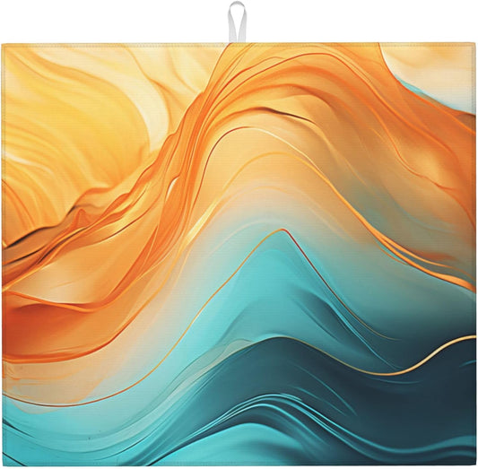 Orange Teal Marble Dish Drying Mat for Kitchen Counter Washable Absorbent Reversible Microfiber Modern Drying Pad Kitchen Accessories 16x18 Inch