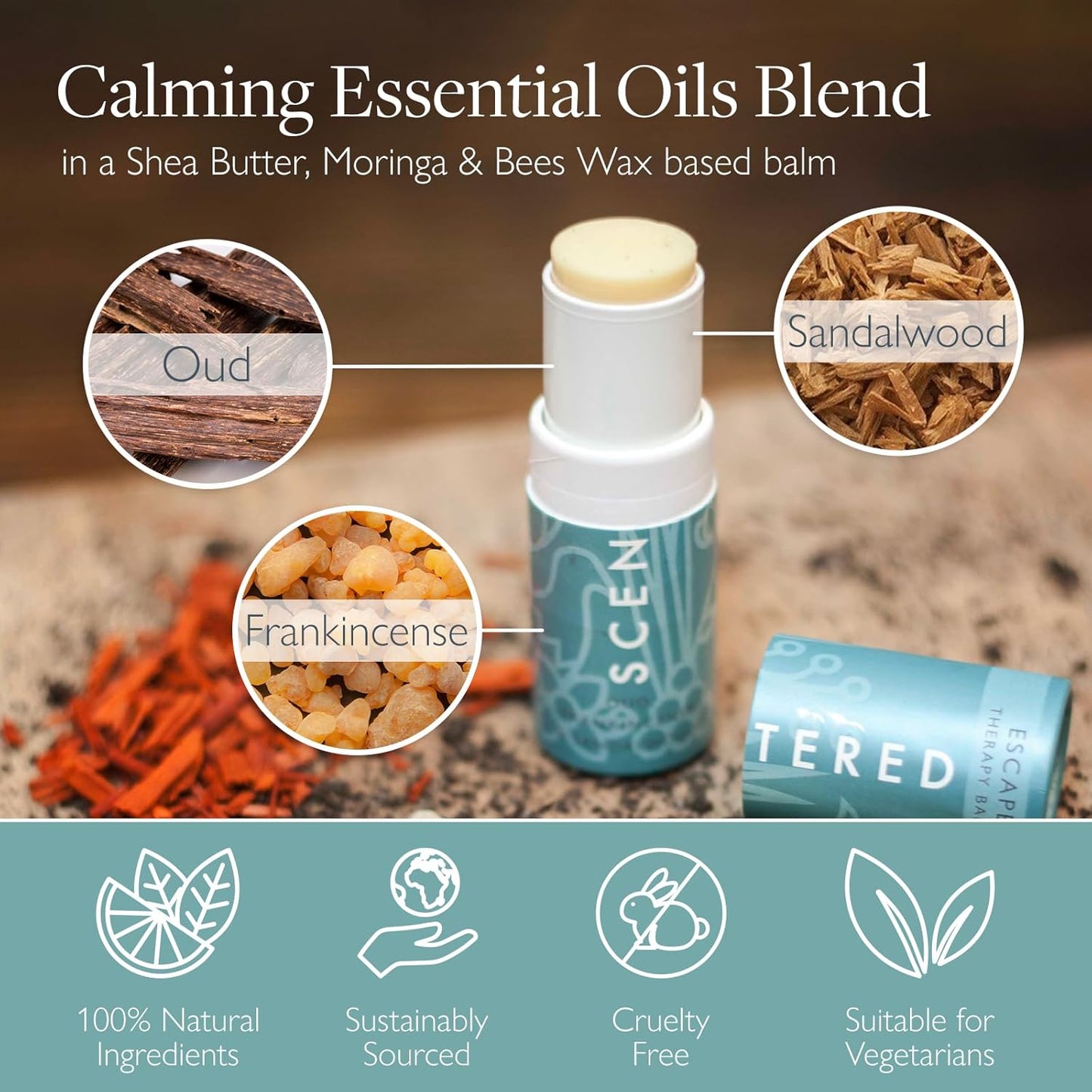 Scentered Aromatherapy Balm Stick - Escape - Natural Calm Essential Oil Roll On - Meditation Aid for Relaxation & Self-Care - 100% Natural: Frankincense, Oud, Sandalwood - Mindfulness Gifts for Women