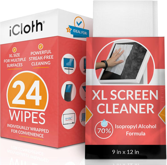 iCloth 70% Isopropyl Alcohol XL Screen and Electronics Wipes, Lint-Free, Streak-Free, Fast-Drying, Removes Dust and Fingerprints (24 Wipes)