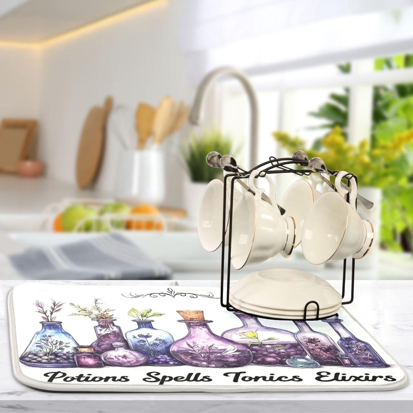 Halloween Potions Dish Drying Mat for Kitchen Countertop 18x24 Witch Herbs Purple Spooky Large Drying Mat Reusable Quick Dry Dish Sink Mats Easy Clean Decorative Essentials