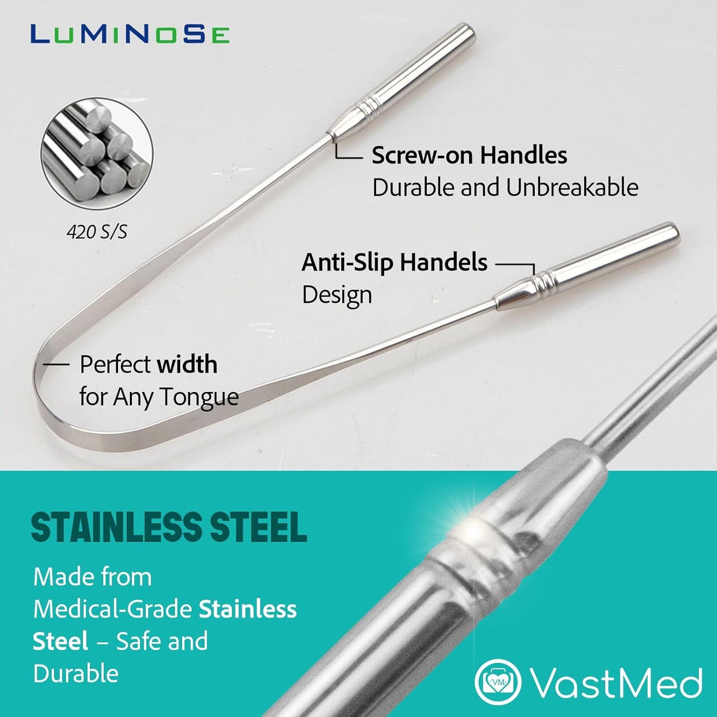 3 PCs Medical Grade Tongue Scraper by Vastmed | Stainless Steel Tongue Cleaner, Metal Tongue Scraper with Travel Bag | Tongue Scrubber for Bad Breath, Boost Oral Hygiene