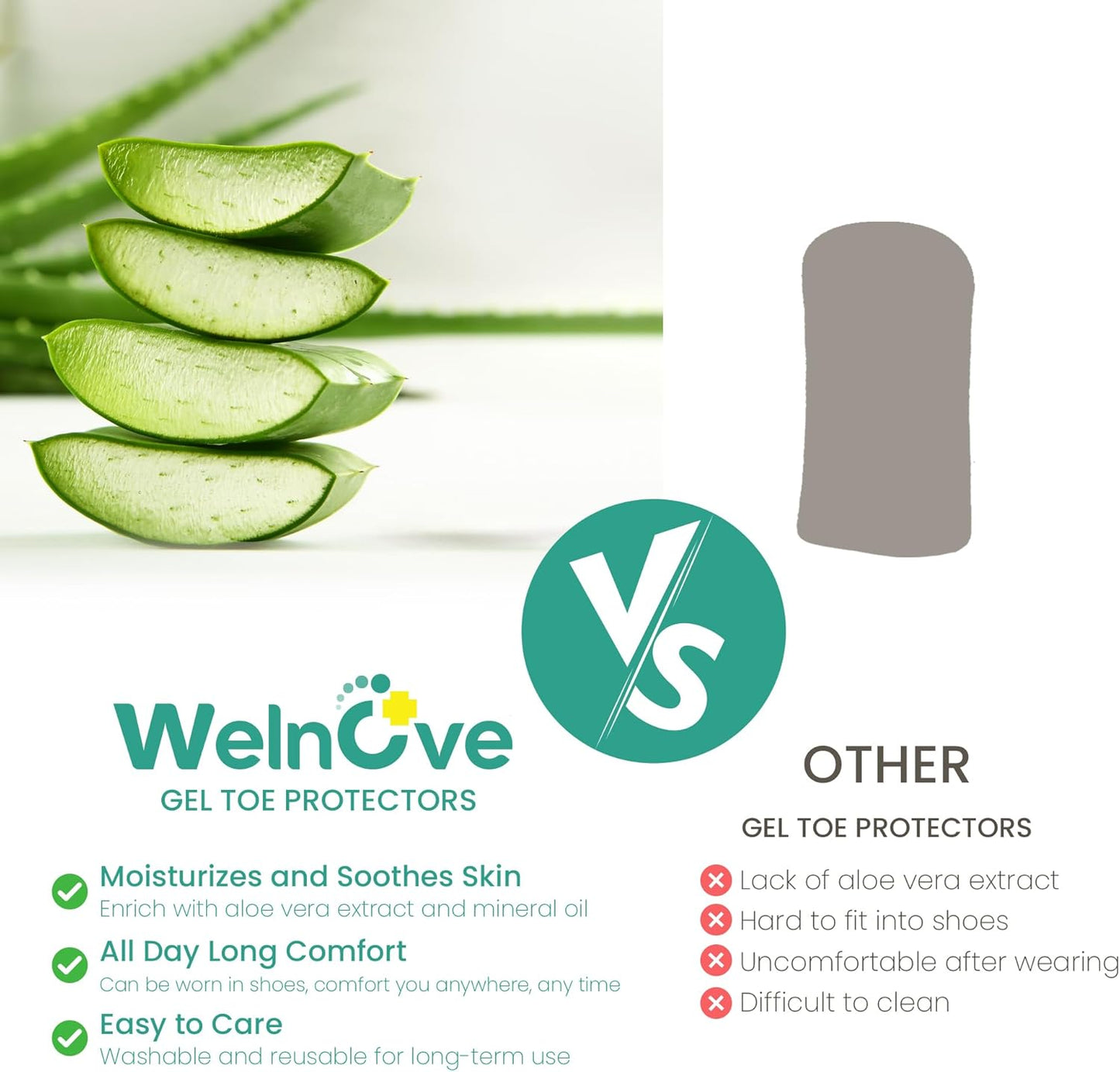 Welnove Toe Caps and Protectors - 16 Pack Aloe Vera Extract Infused Silicone Toe Sleeve - Fabric Toe Covers with Gel Lining - Toe Cushions for Pain Relief, Corns, Blisters & Ingrown Toenails